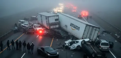 Multi-vehicle pile-up on I-5 freeway with multiple emergency vehicles and organized emergency response under dramatic Oregon sky
