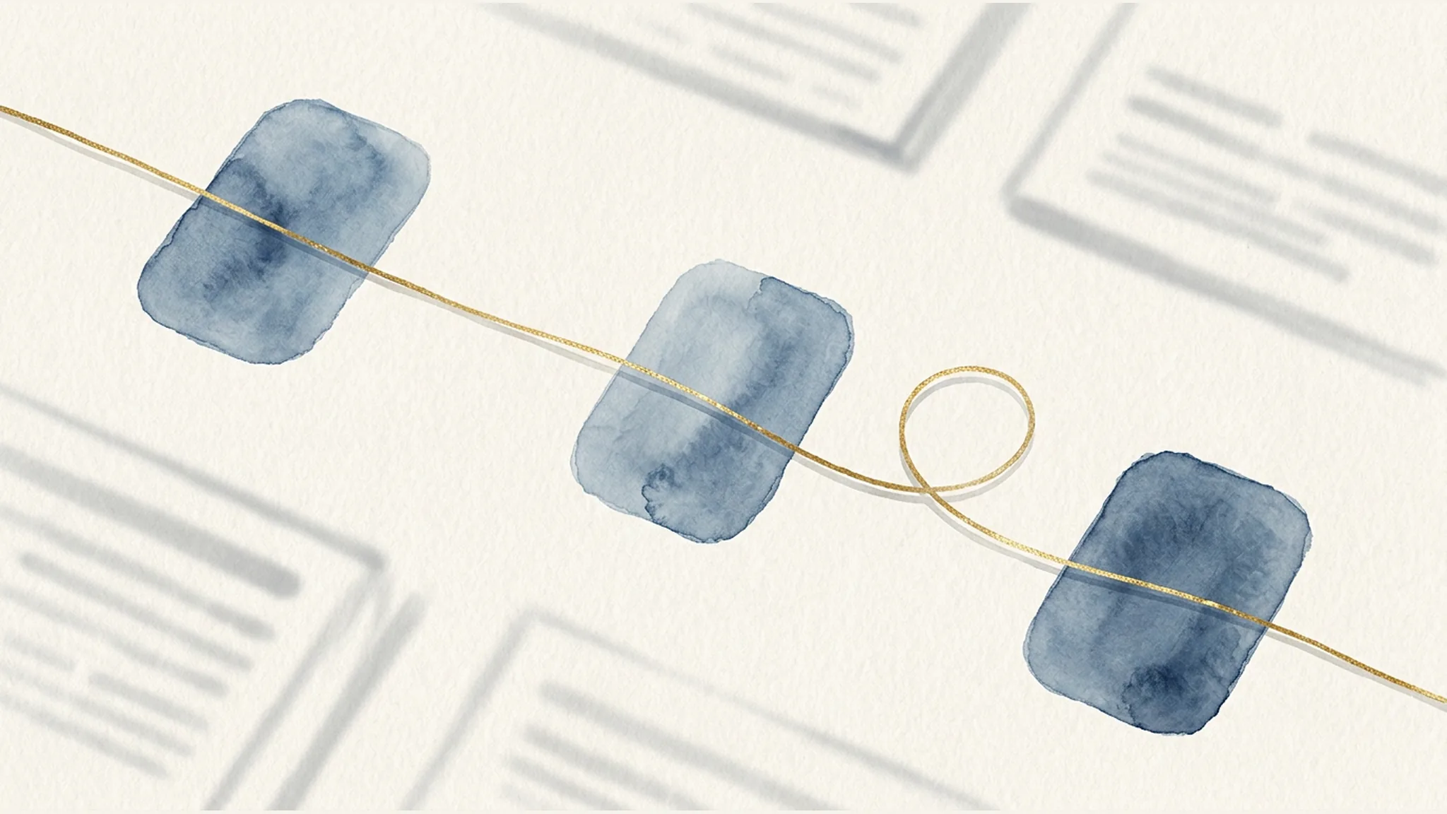 Minimal watercolor illustration of a gold thread passing through three blue checkpoints on a clean desk.