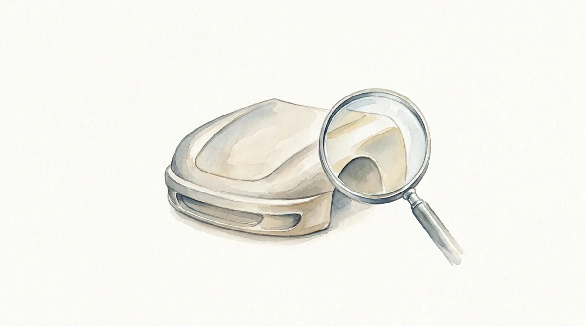 Conceptual editorial illustration of a magnifying glass over a generic car-front model, not an actual NHTSA test or rated vehicle.
