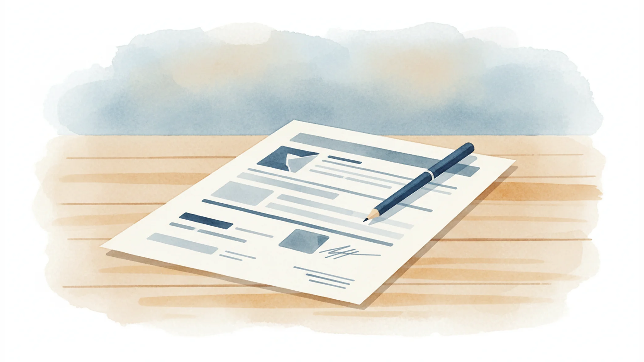 Watercolor illustration of an insurance claim document and pen on a wooden desk