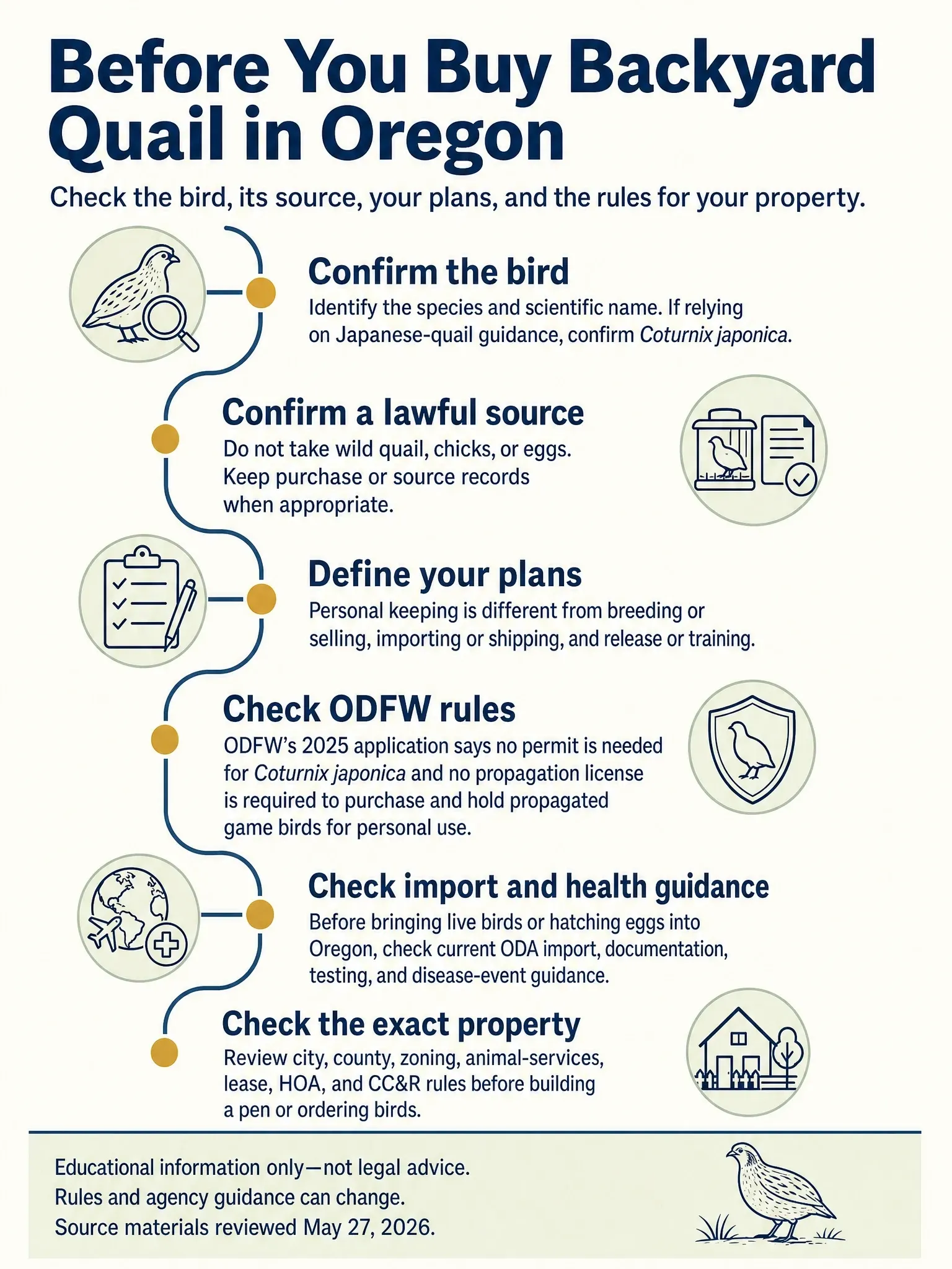 Six-step Oregon backyard-quail checklist covering species, lawful source, intended use, ODFW rules, import and health guidance, and property-specific restrictions.