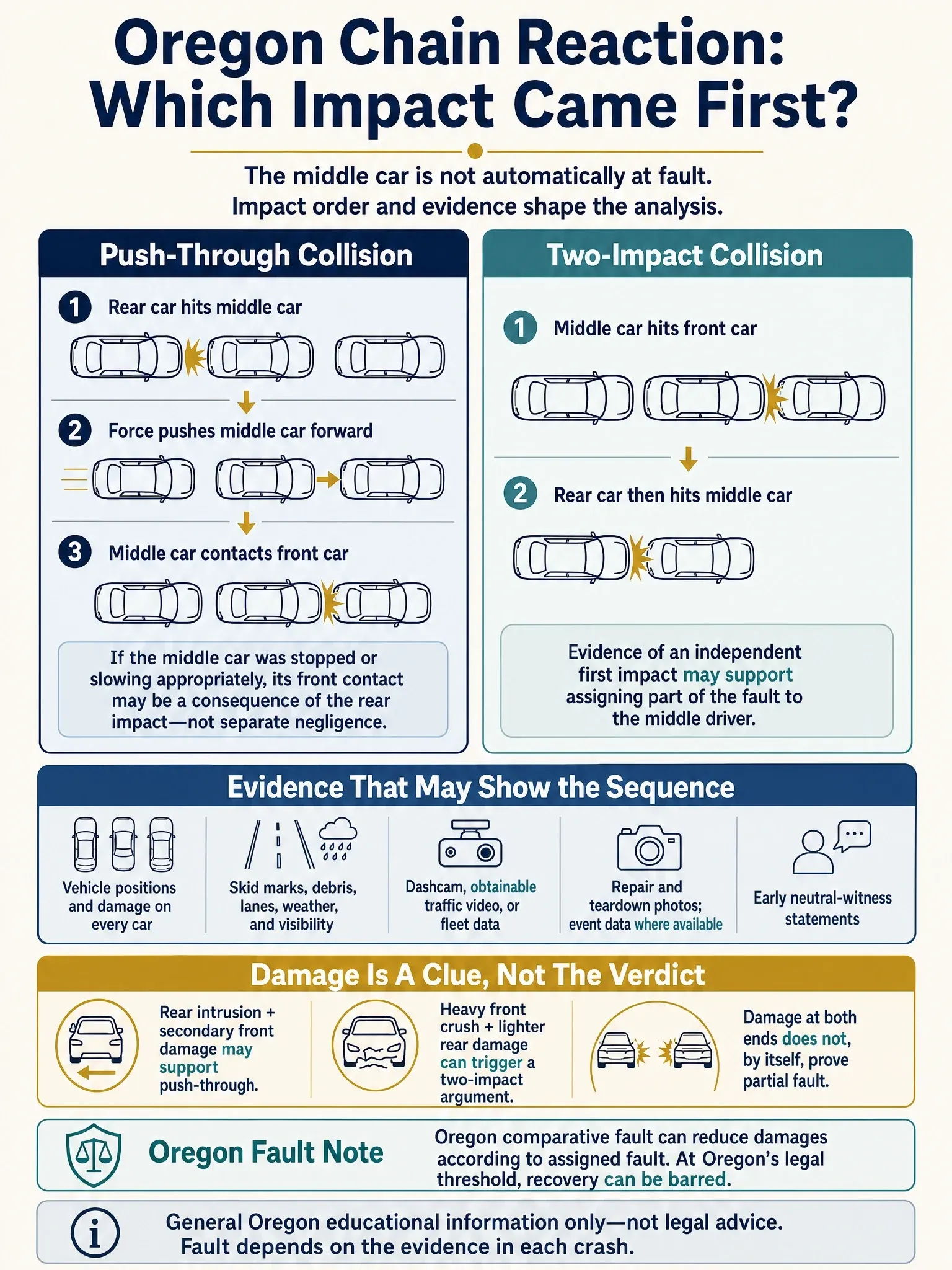Comparison of push-through and two-impact sequences in an Oregon three-car rear-end crash, with evidence that may help determine which impact came first.