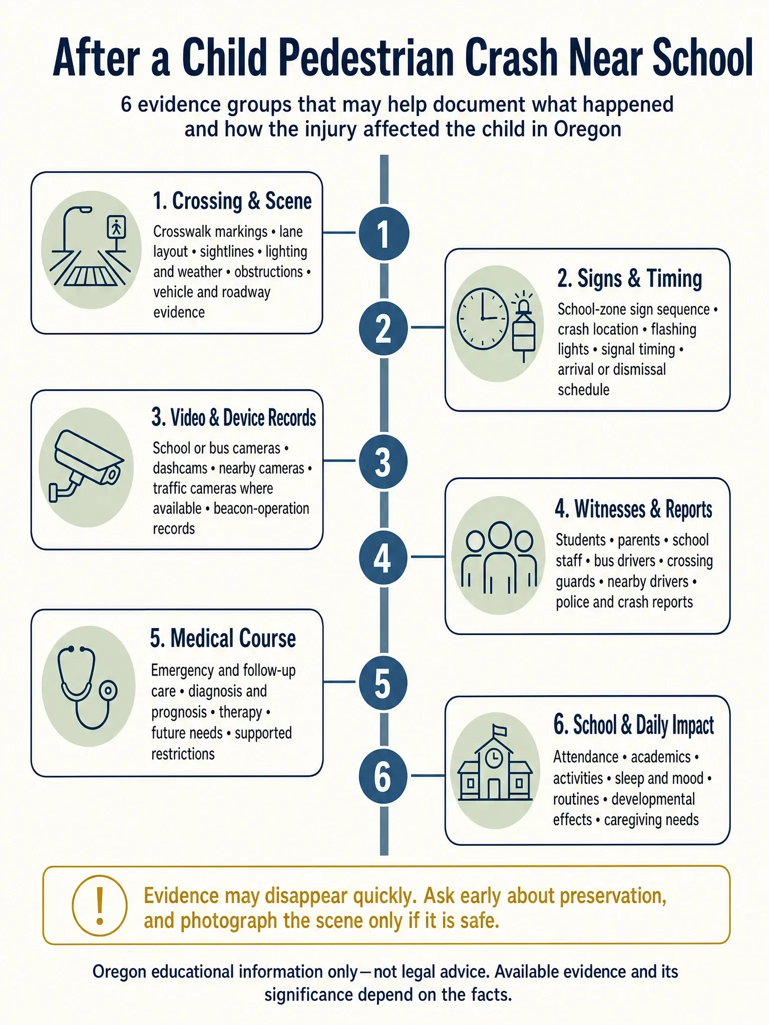 “Six-part Oregon checklist of evidence after a child pedestrian crash near school, covering the scene, signs and timing, video, witnesses, medical care, and school impacts.”