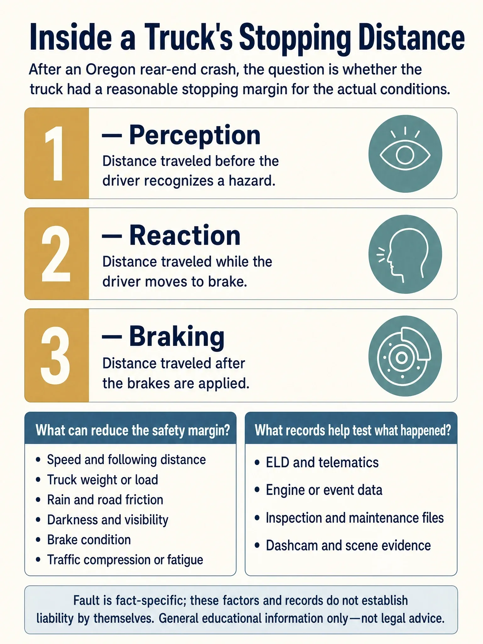 Three parts of commercial-truck stopping distance and the conditions and records examined after an Oregon rear-end crash.