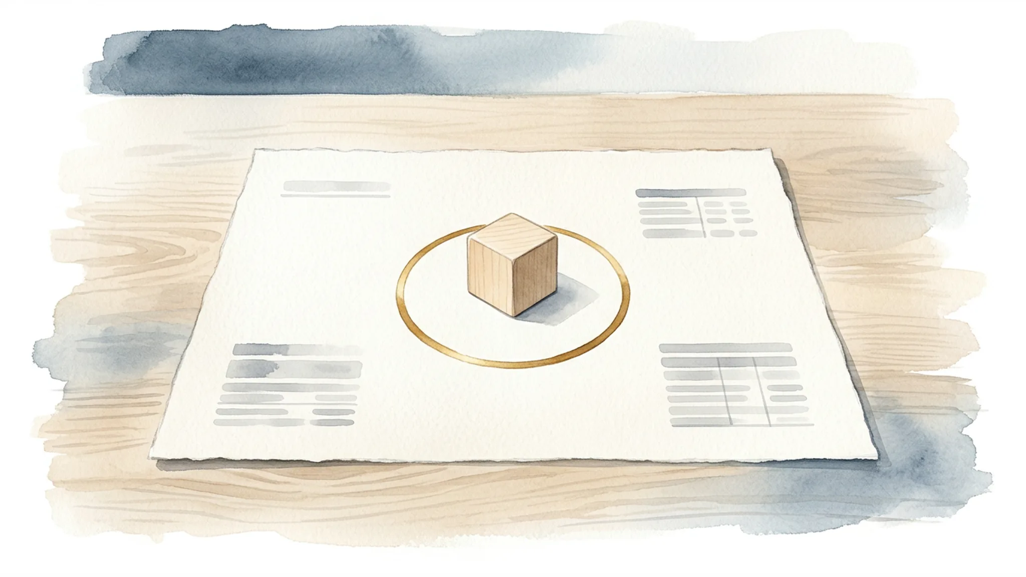 Watercolor illustration of an unmarked wooden play block protected on an organized record sheet.