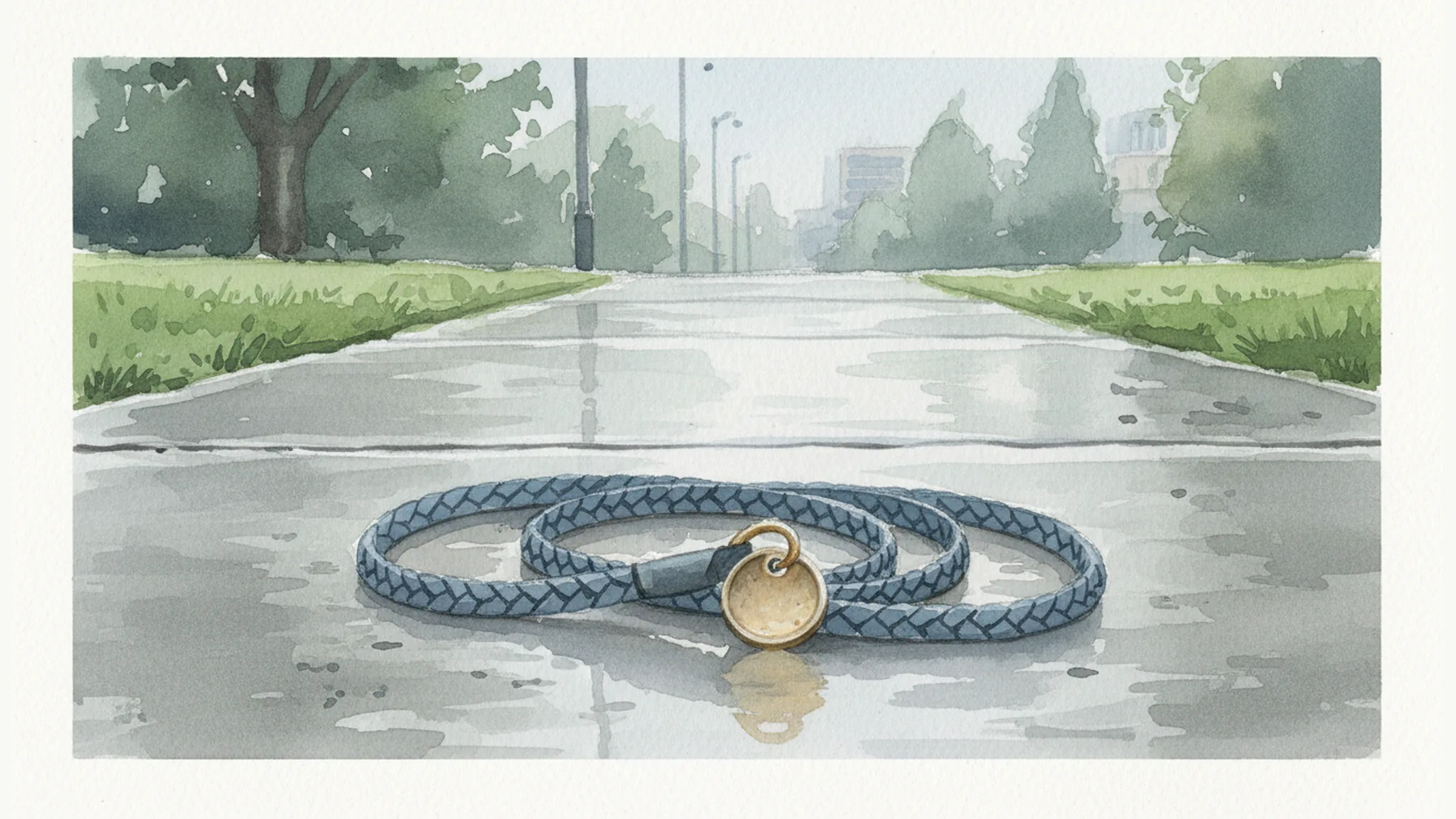 Watercolor illustration of a dog leash and brass pet tag resting on a city sidewalk