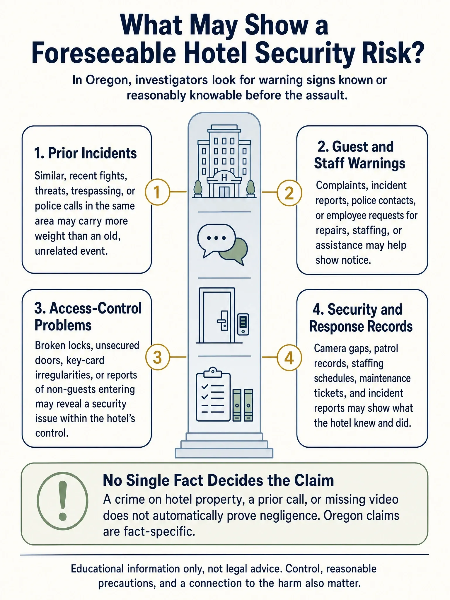 Four evidence groups that may help assess foreseeable hotel security risk in Oregon, with a reminder that no single fact automatically proves negligence.