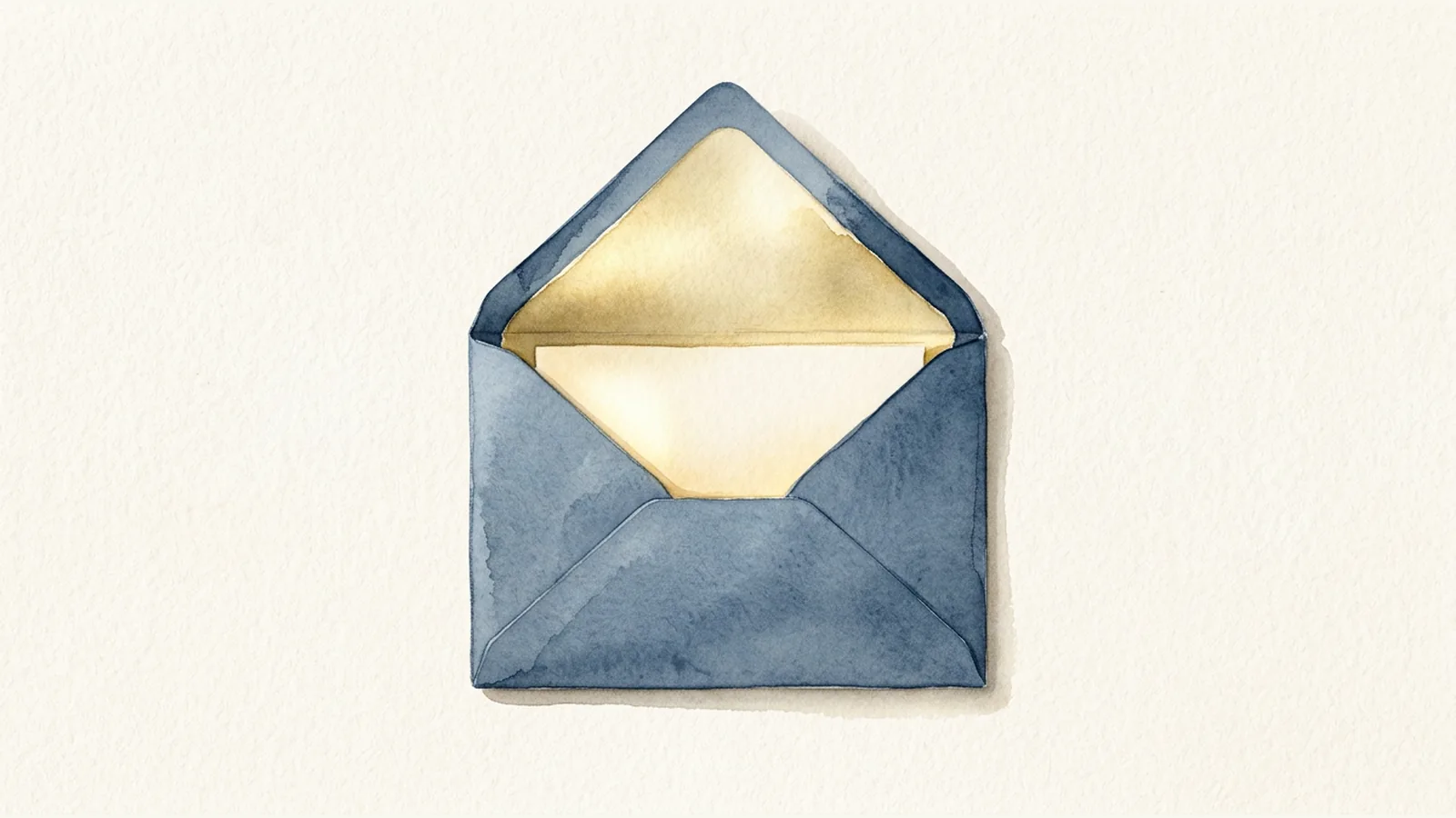 Watercolor illustration of a plain blue envelope with an open flap and pale-gold lining.