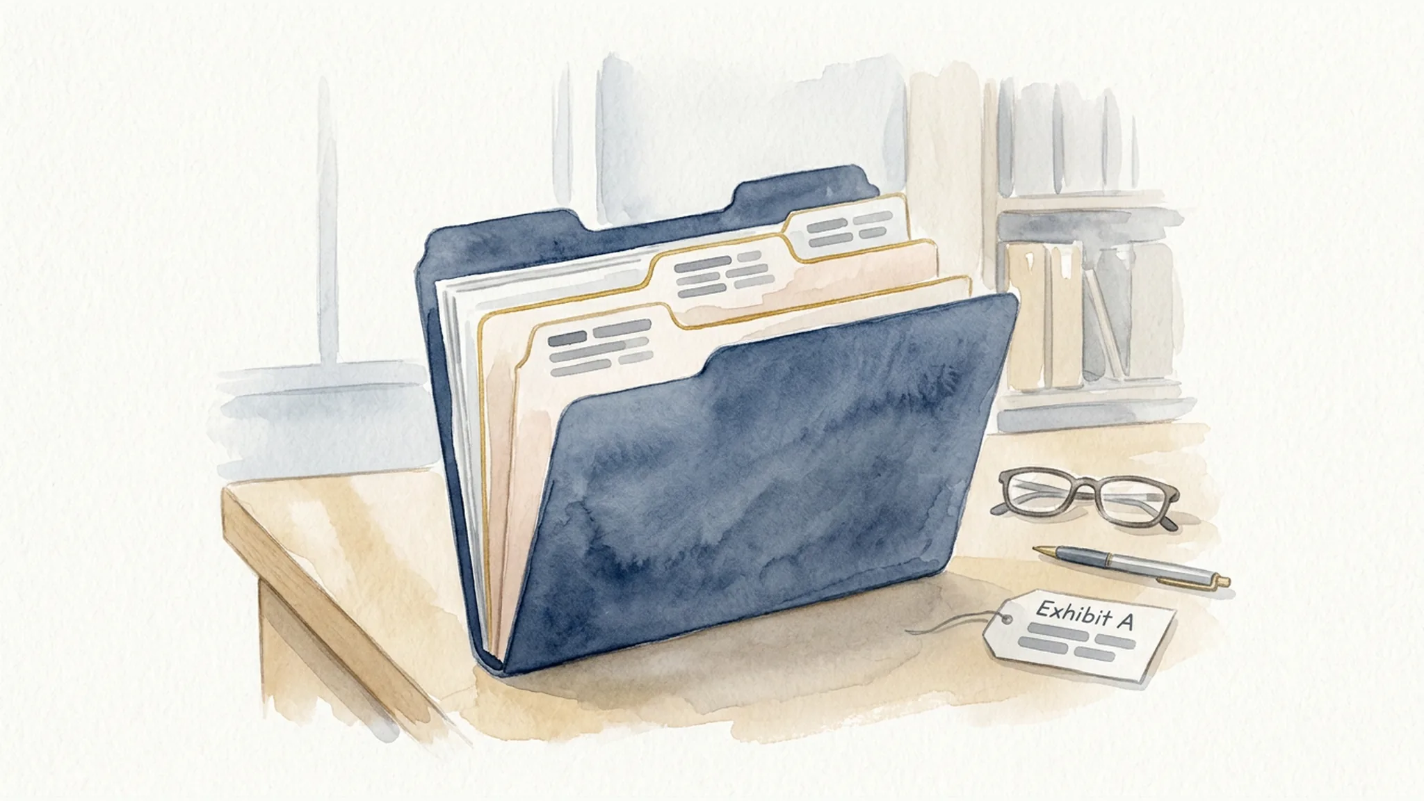 Watercolor illustration of an organized case folder with stepped dividers connected by a gold line on a desk.