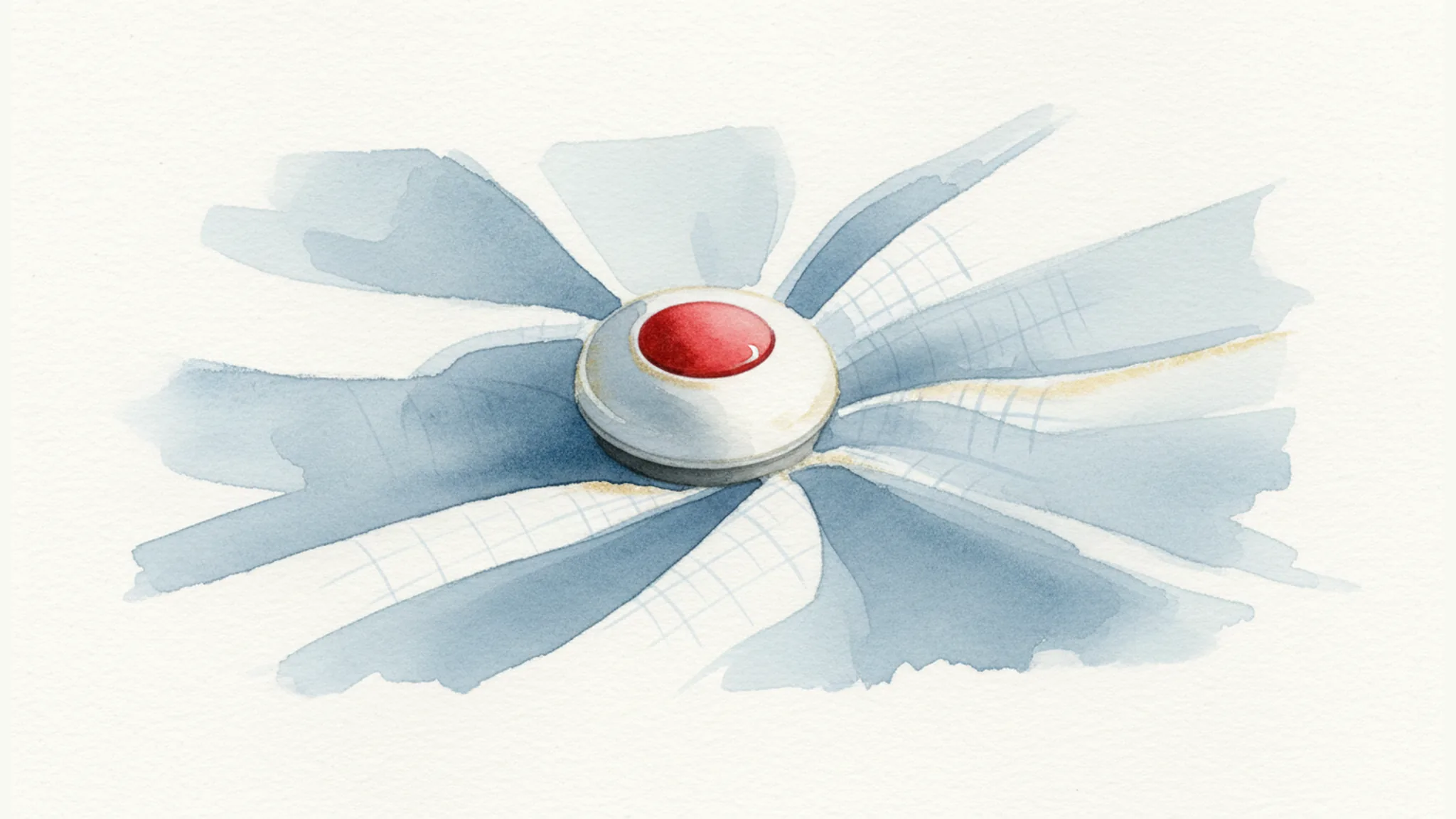 Nursing home call button resting on a neatly made bed in a calm watercolor illustration.