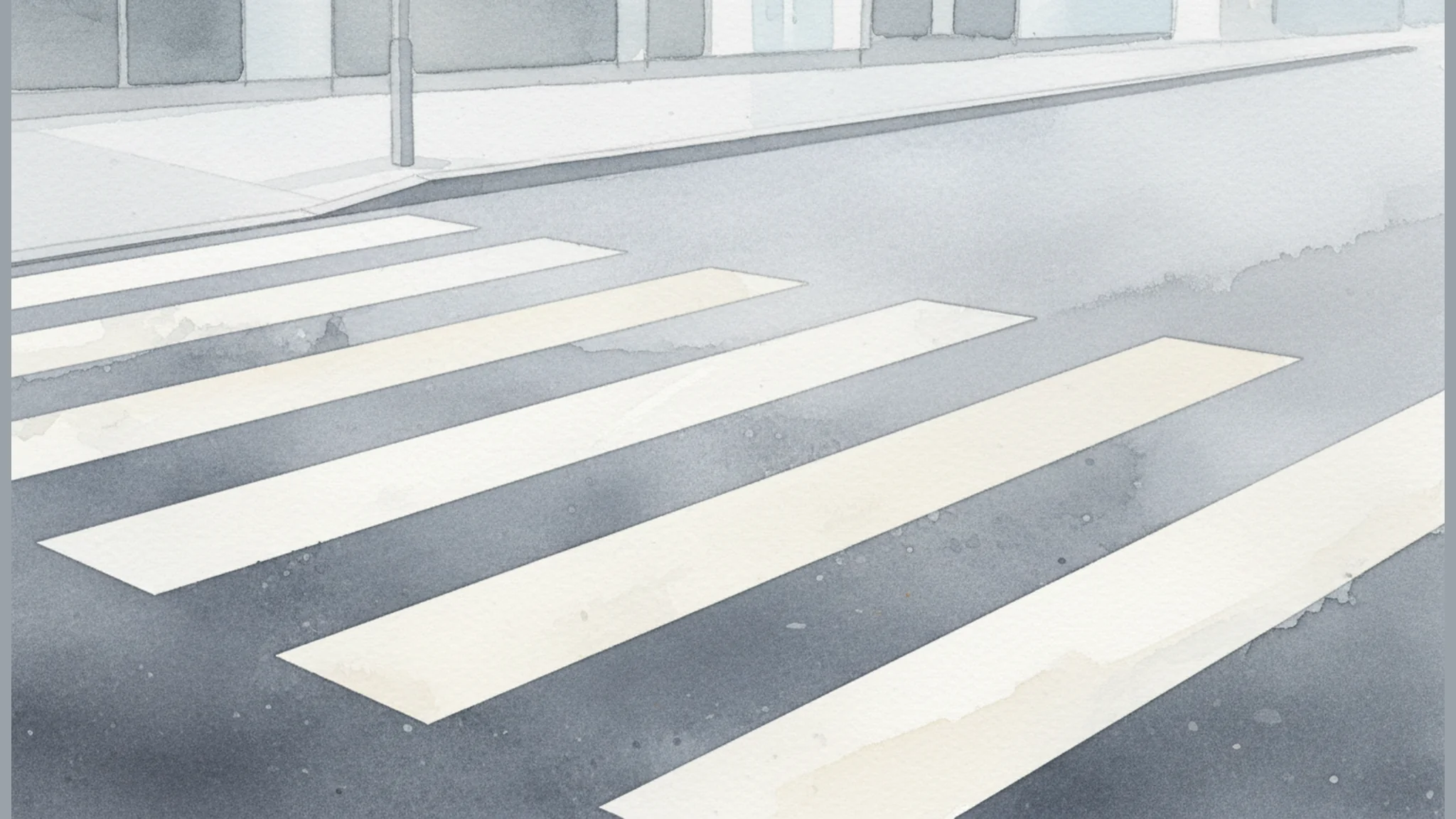 Watercolor illustration of crosswalk markings painted on a city street