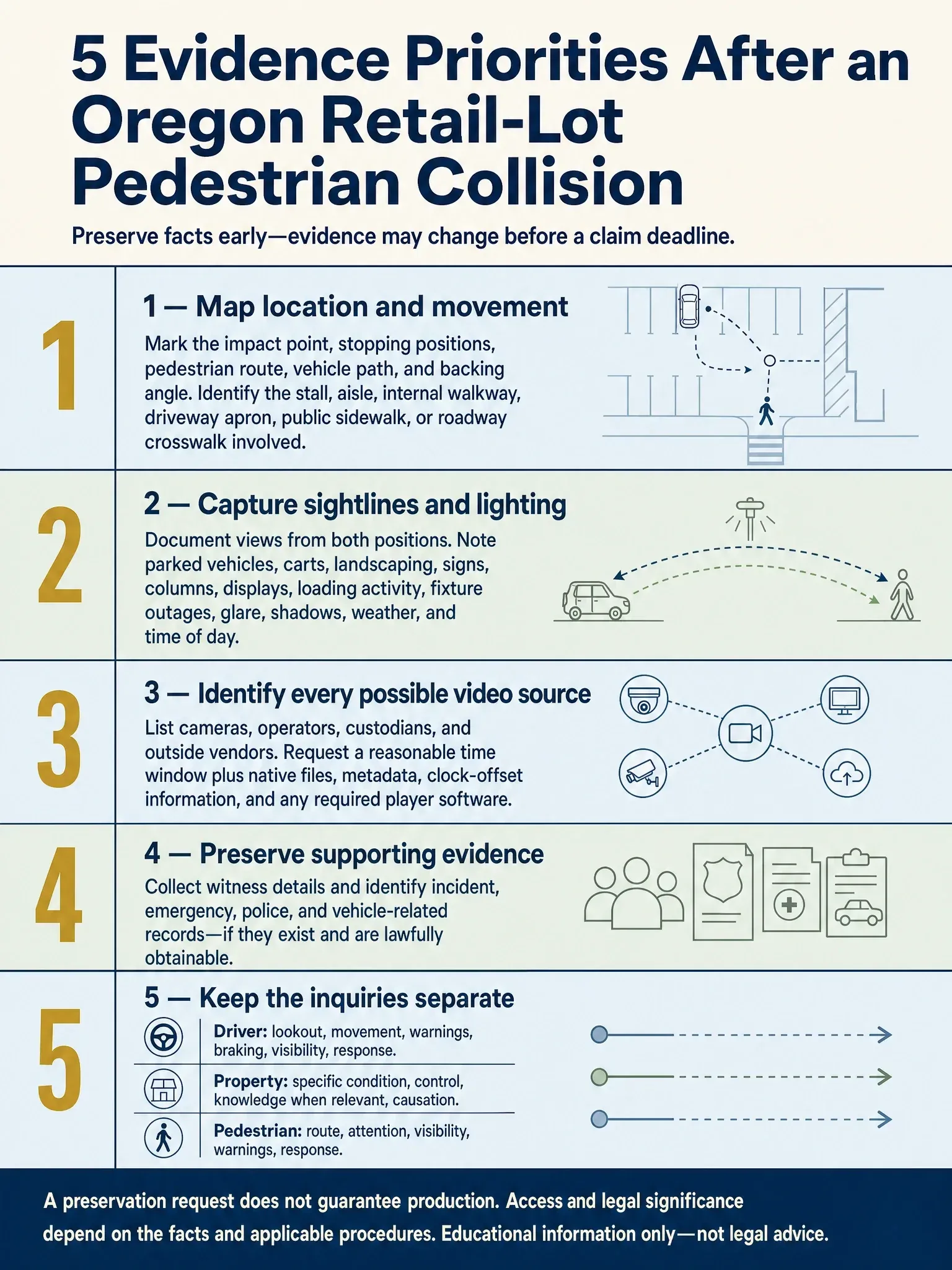 Five-part Oregon retail parking-lot pedestrian collision evidence checklist covering movement, visibility, video, supporting records, and separate fault inquiries.