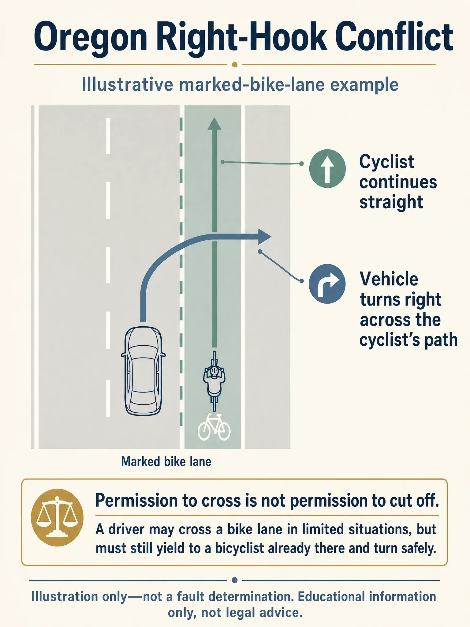 Illustrative Oregon bike-lane diagram showing a cyclist continuing straight and a vehicle turning right across the rider’s path, without determining fault.