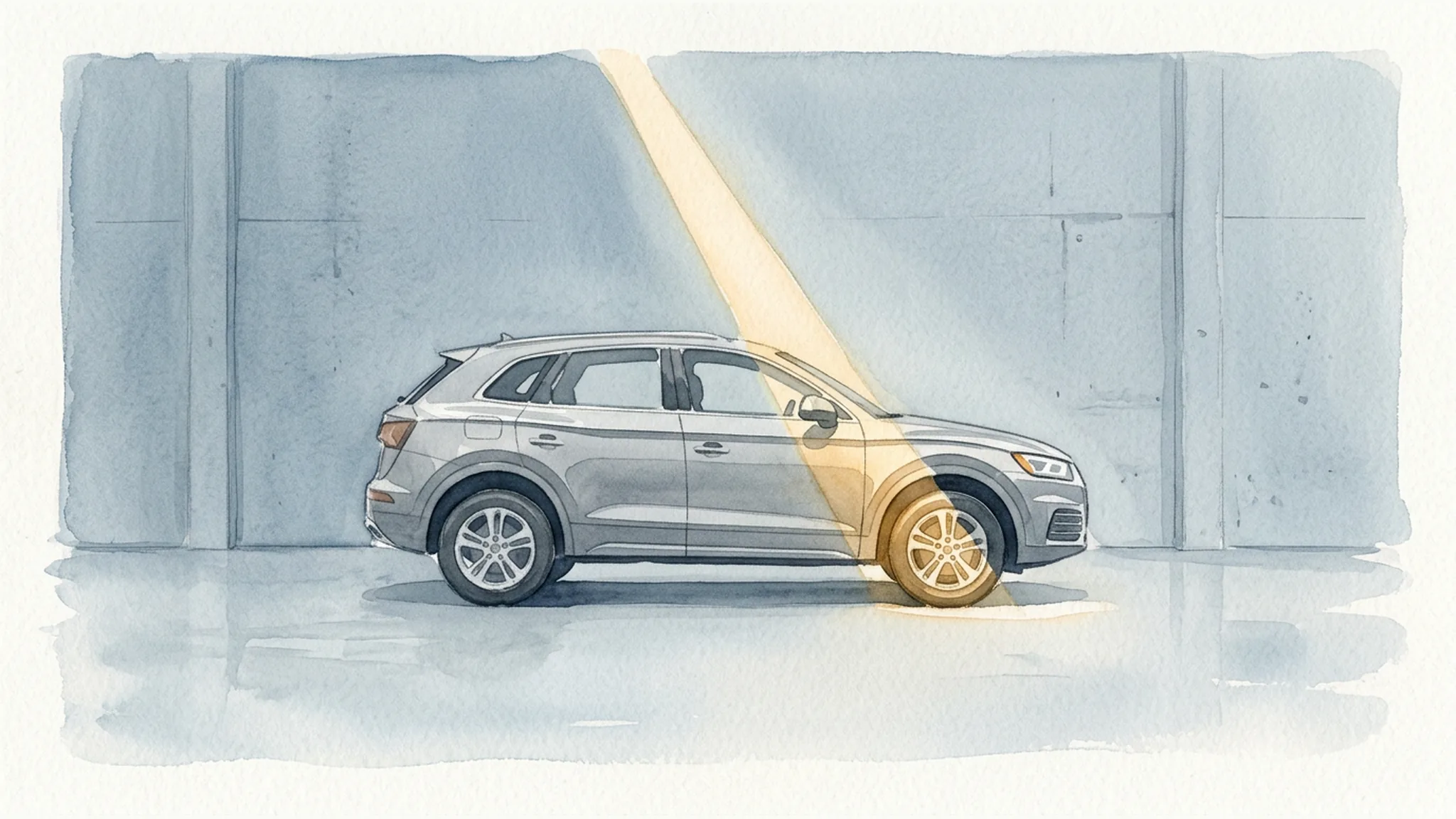 Watercolor illustration of an upright unmarked vehicle under inspection light focused on its front wheel and lower body.