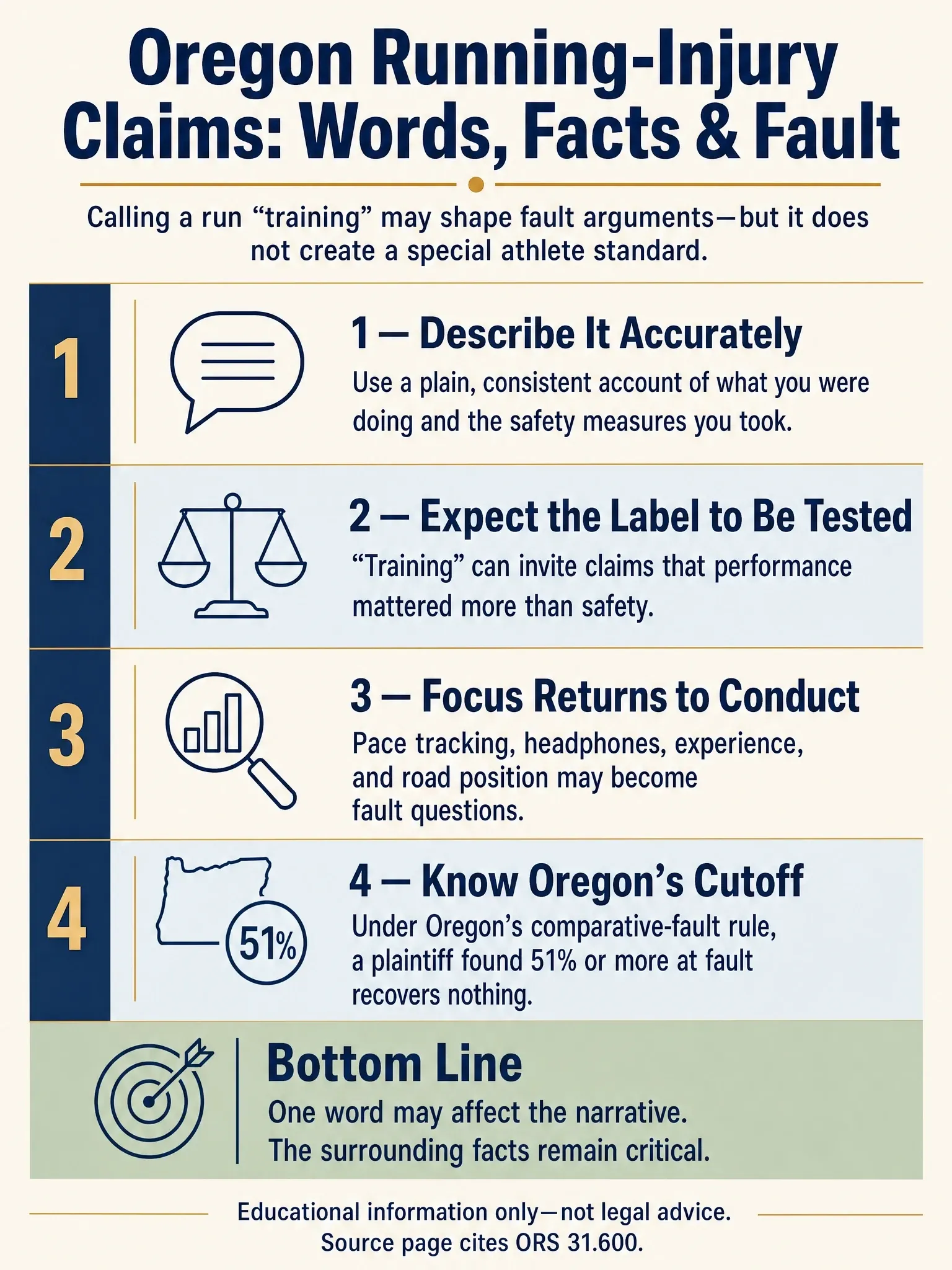 Four-step infographic explaining how “training” language may shape fault arguments in an Oregon running-injury claim and noting Oregon’s 51% comparative-fault cutoff.