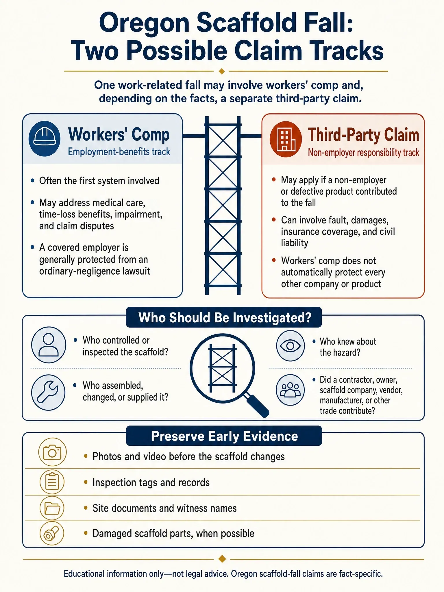 Comparison of workers' compensation and possible third-party claim tracks after an Oregon scaffold fall, with responsibility questions and evidence to preserve.