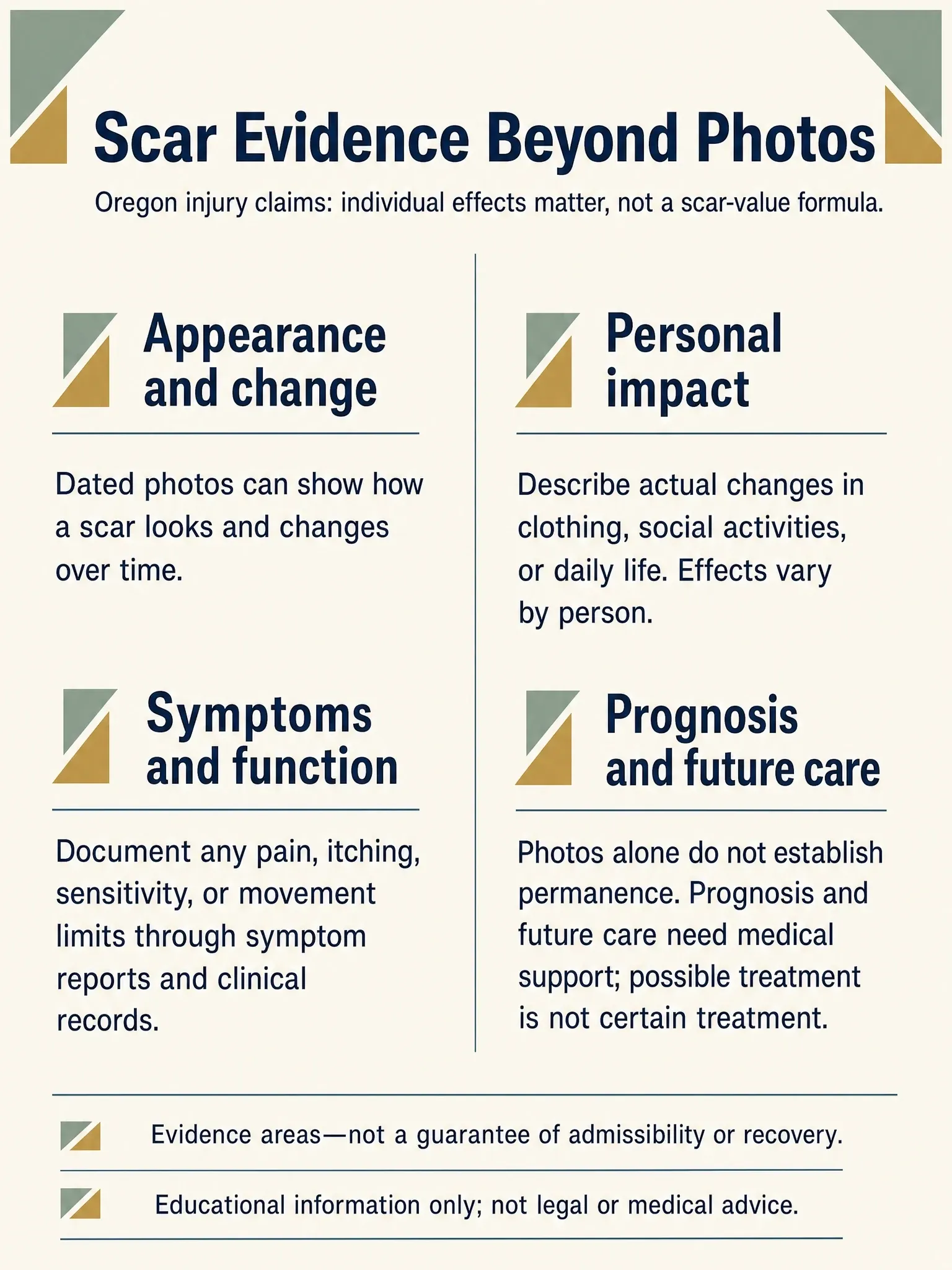 Four areas of scar evidence in Oregon injury claims: appearance over time, symptoms and function, personal impact, and medically supported prognosis and future care.