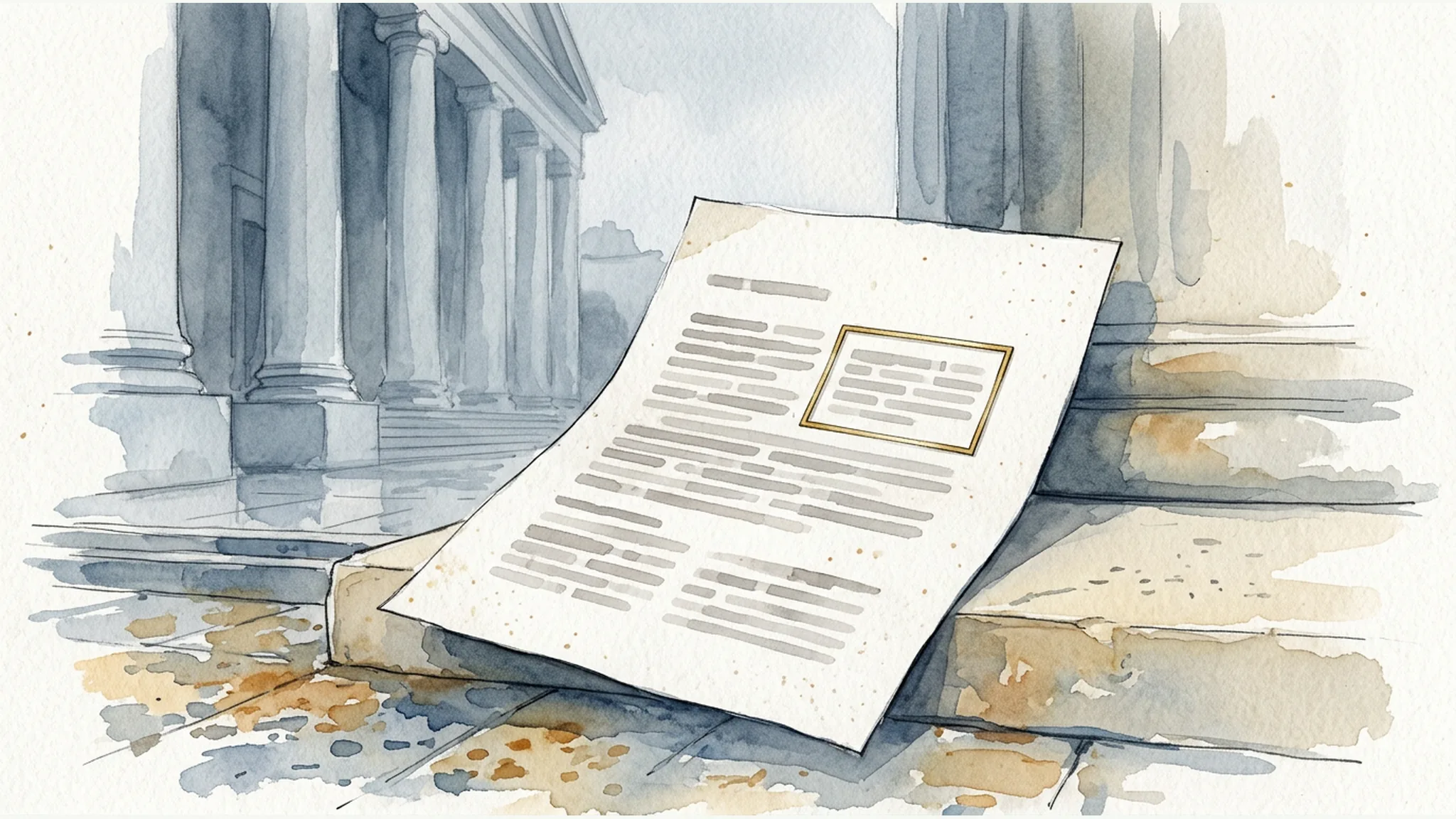 Unmarked appellate opinion on a courthouse stone ledge with a gold bracket marking one narrow section.