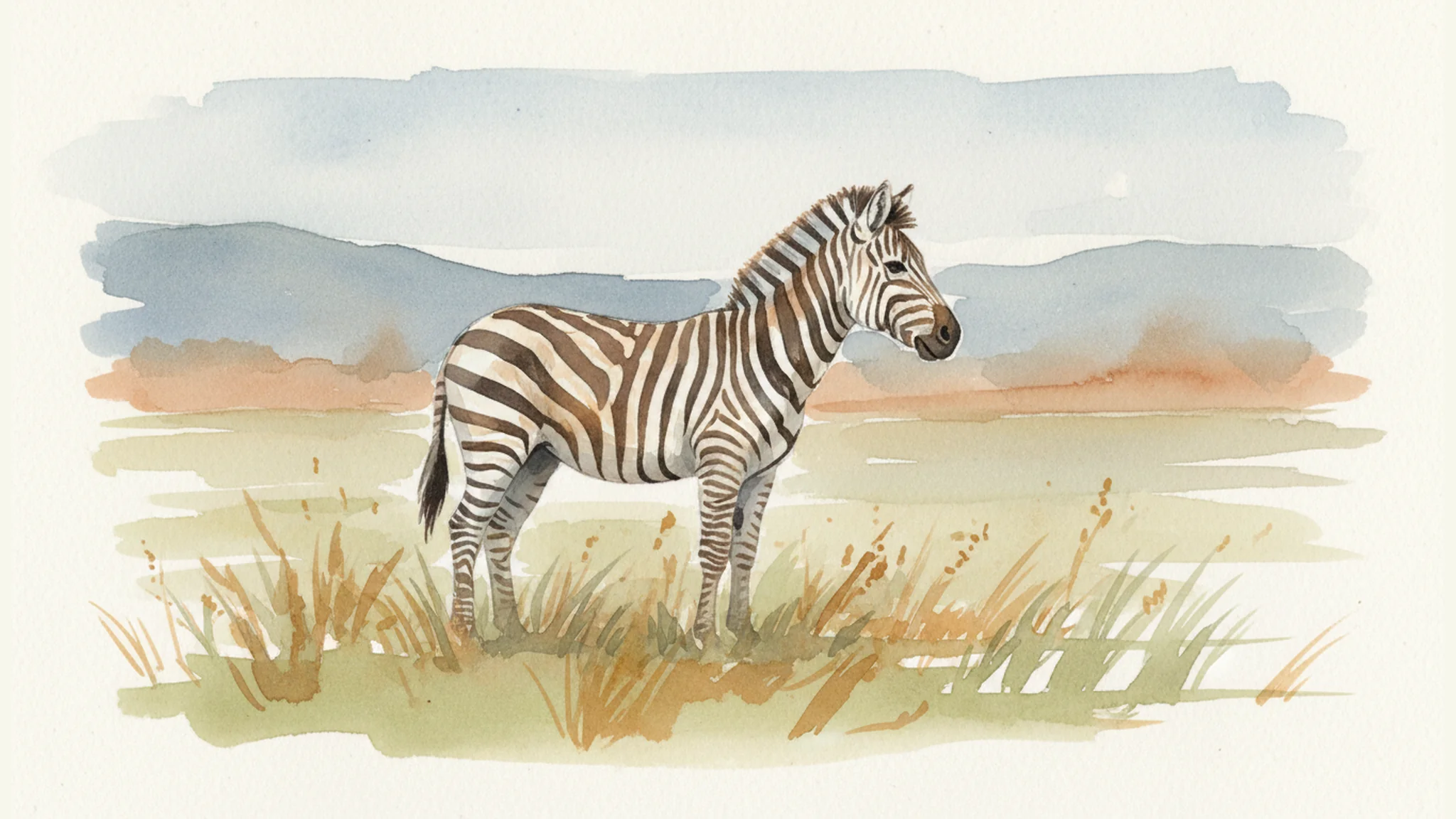 Watercolor illustration of a zebra standing in a grassy field