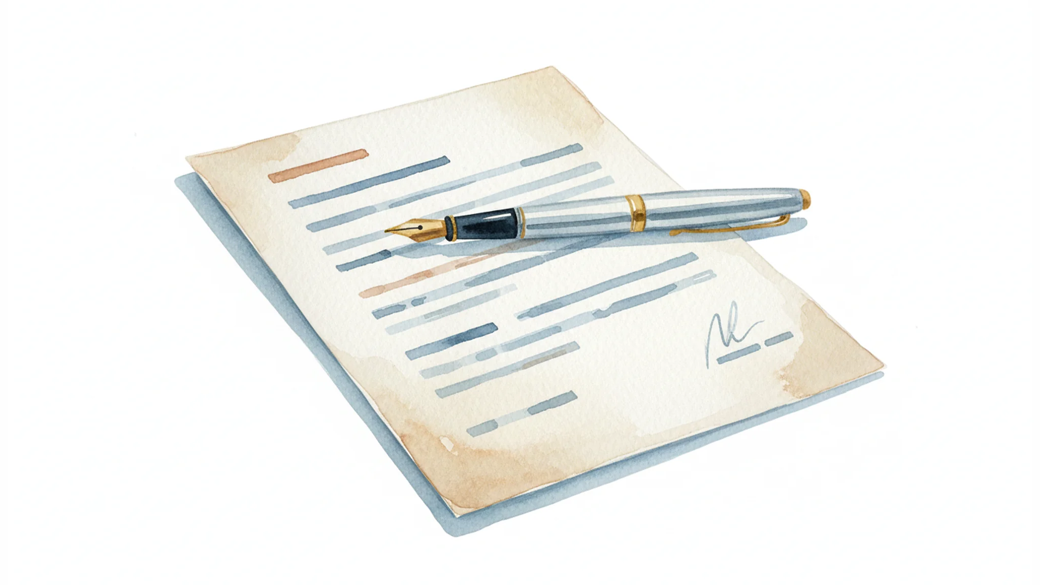 Watercolor illustration of a legal document with a fountain pen resting on top