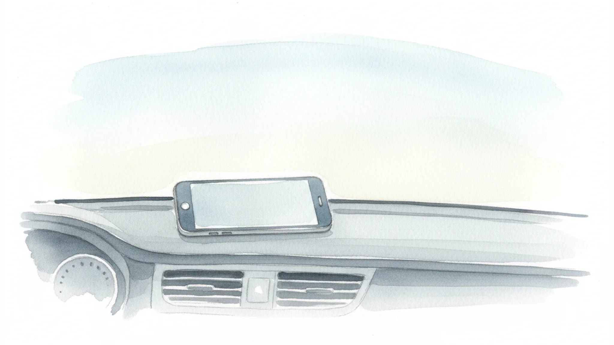 Watercolor illustration of a smartphone resting on a car dashboard