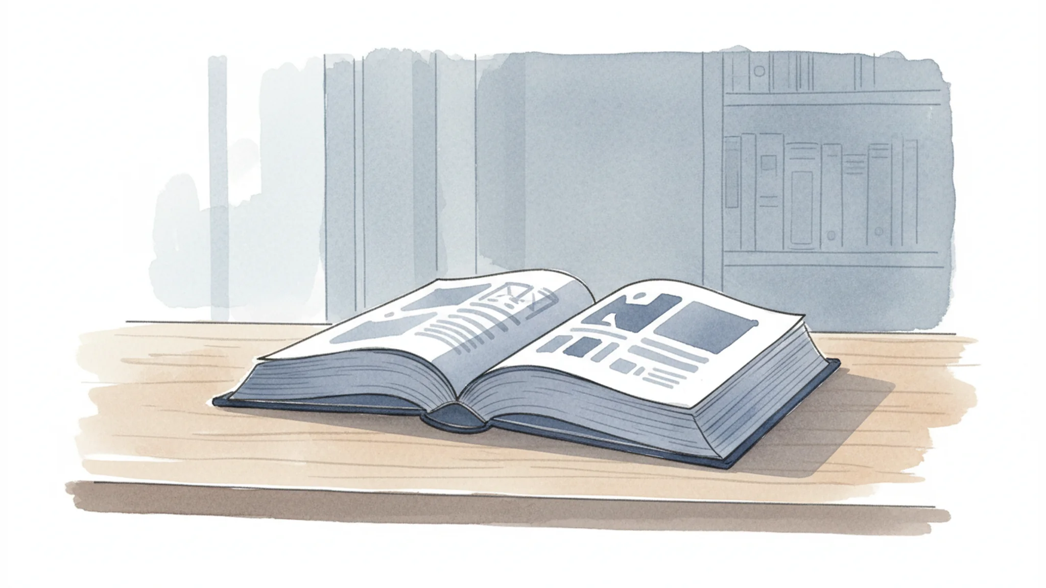 Watercolor illustration of an open law book on a wooden desk