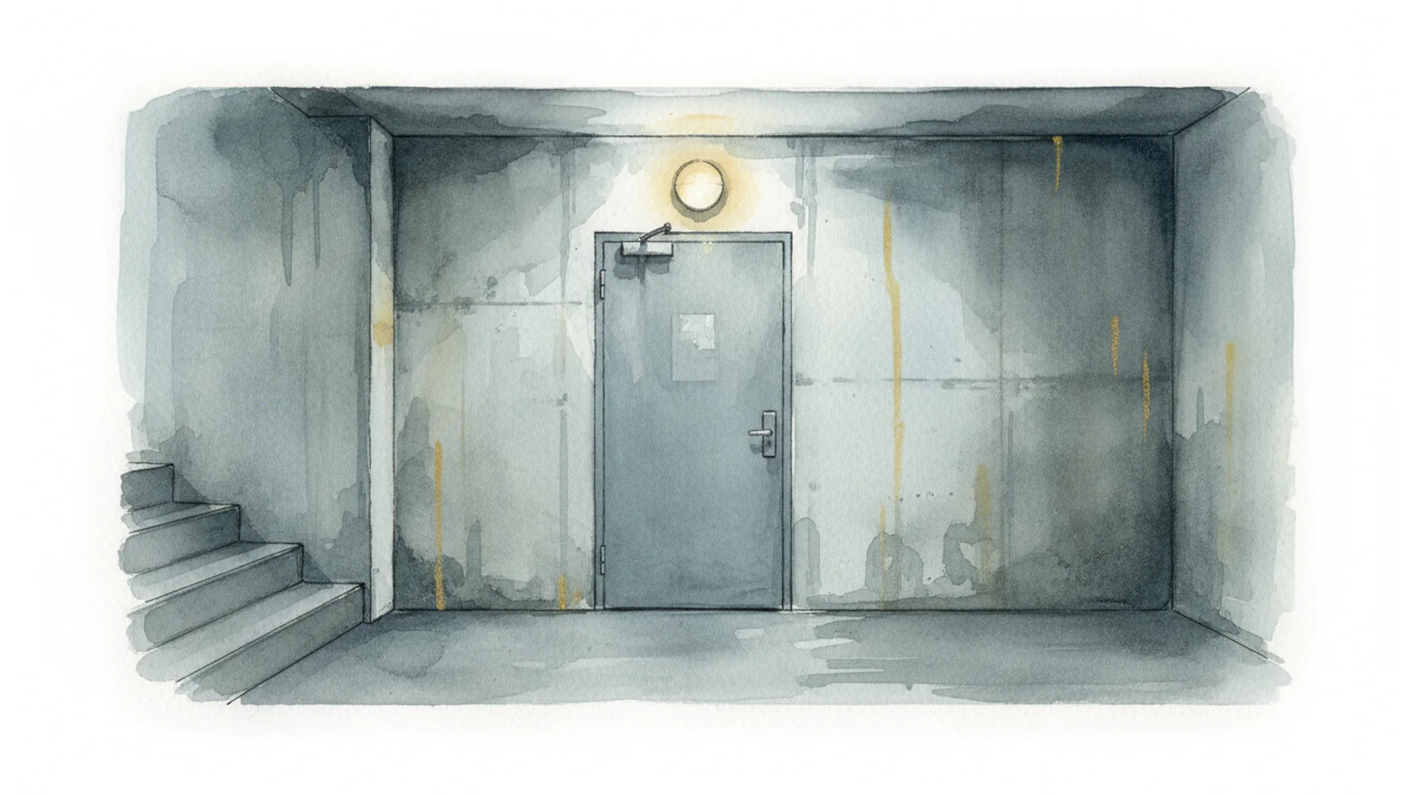 Dim parking garage stairwell door shown in a minimalist watercolor illustration