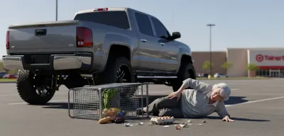 Vehicle collision in busy shopping center parking lot with families nearby and security camera visible