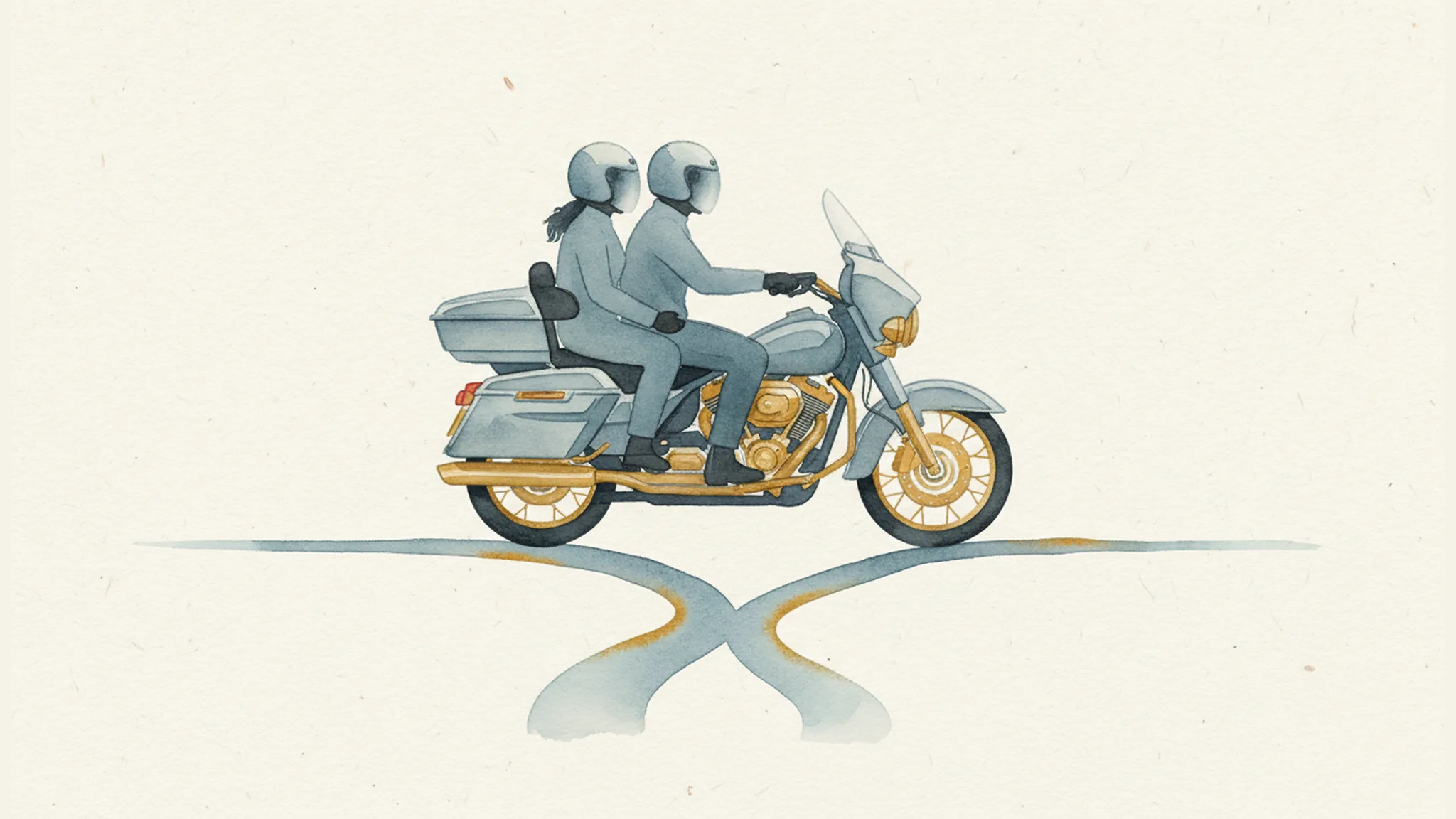 Minimal watercolor illustration of a motorcycle carrying a rider and passenger with a forked roadway line suggesting shared fault
