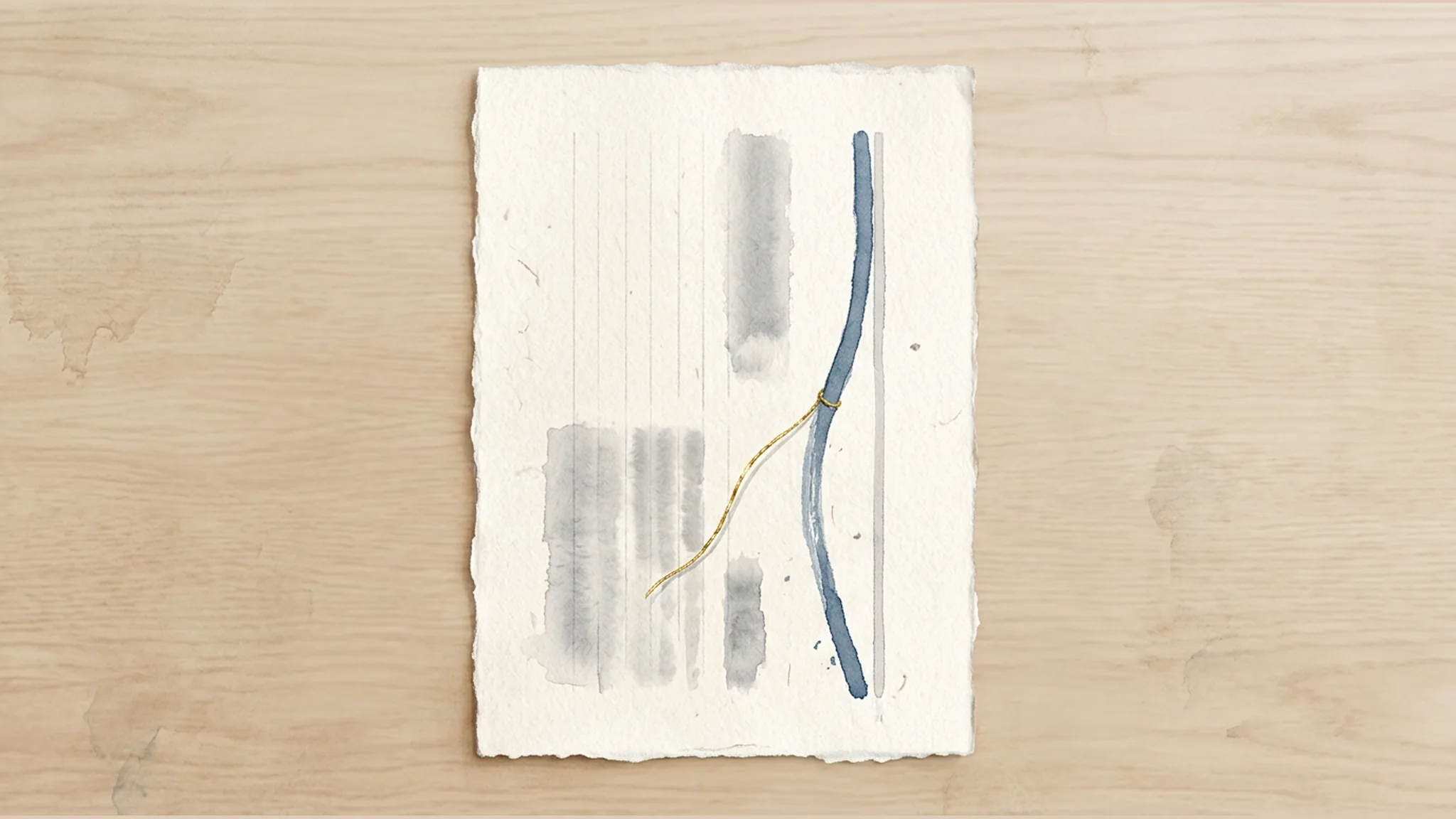 Watercolor illustration of a plain report sheet with a gold thread guiding a misaligned blue line back into place.
