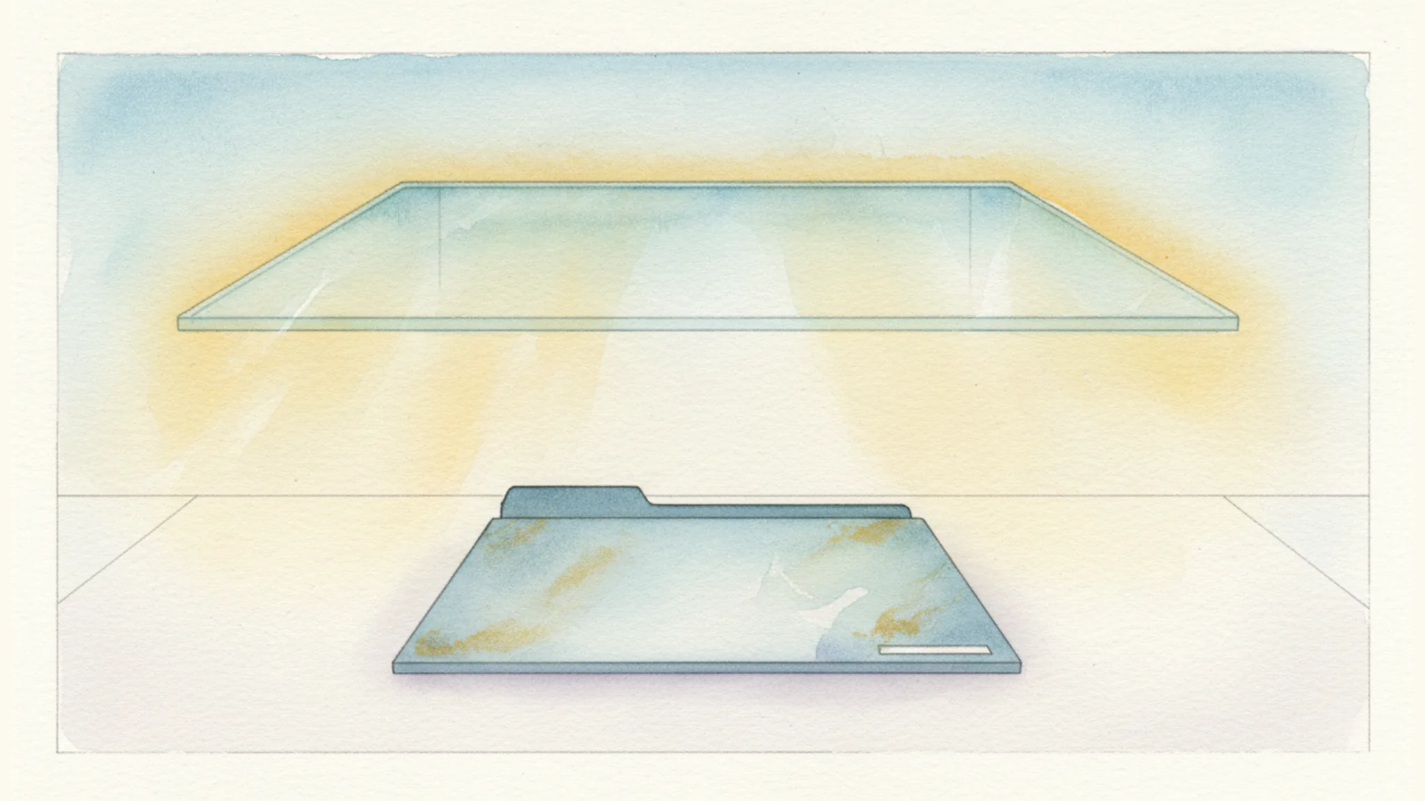 Watercolor illustration of a blank insurance folder beneath a translucent ceiling panel.