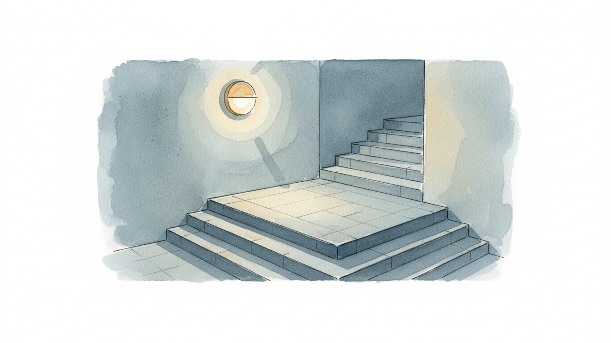 Dim stairwell wall light casting shadows on steps in a minimalist watercolor illustration