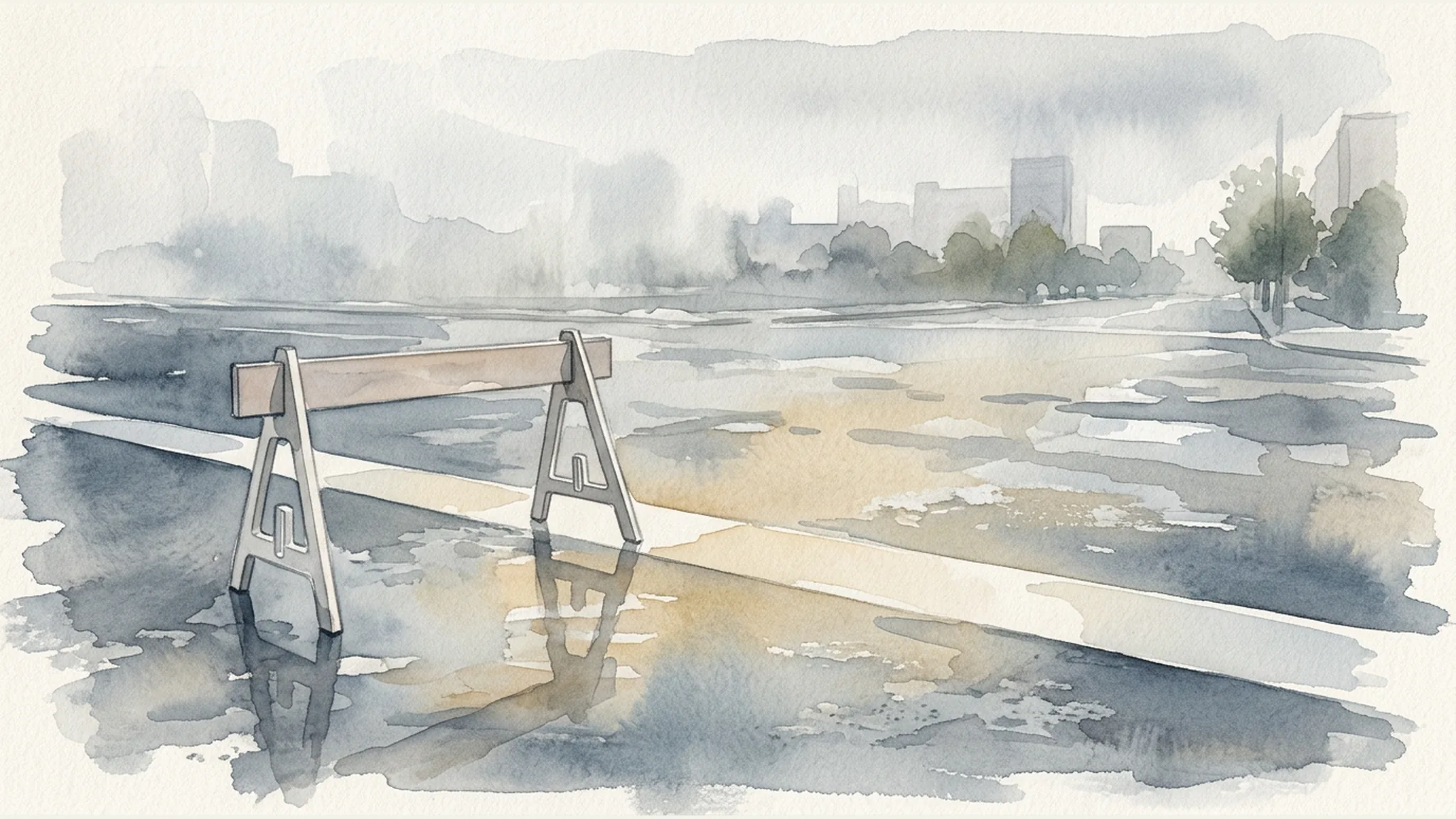 Watercolor illustration of an unmarked pedestrian barricade beside a crosswalk stripe on rain-darkened Portland pavement.