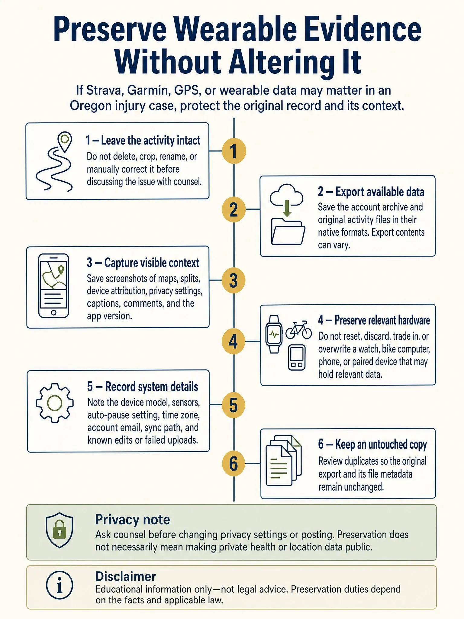 Six-step checklist for preserving potentially relevant Strava, Garmin, GPS, and wearable evidence in an Oregon injury case without altering the original record.