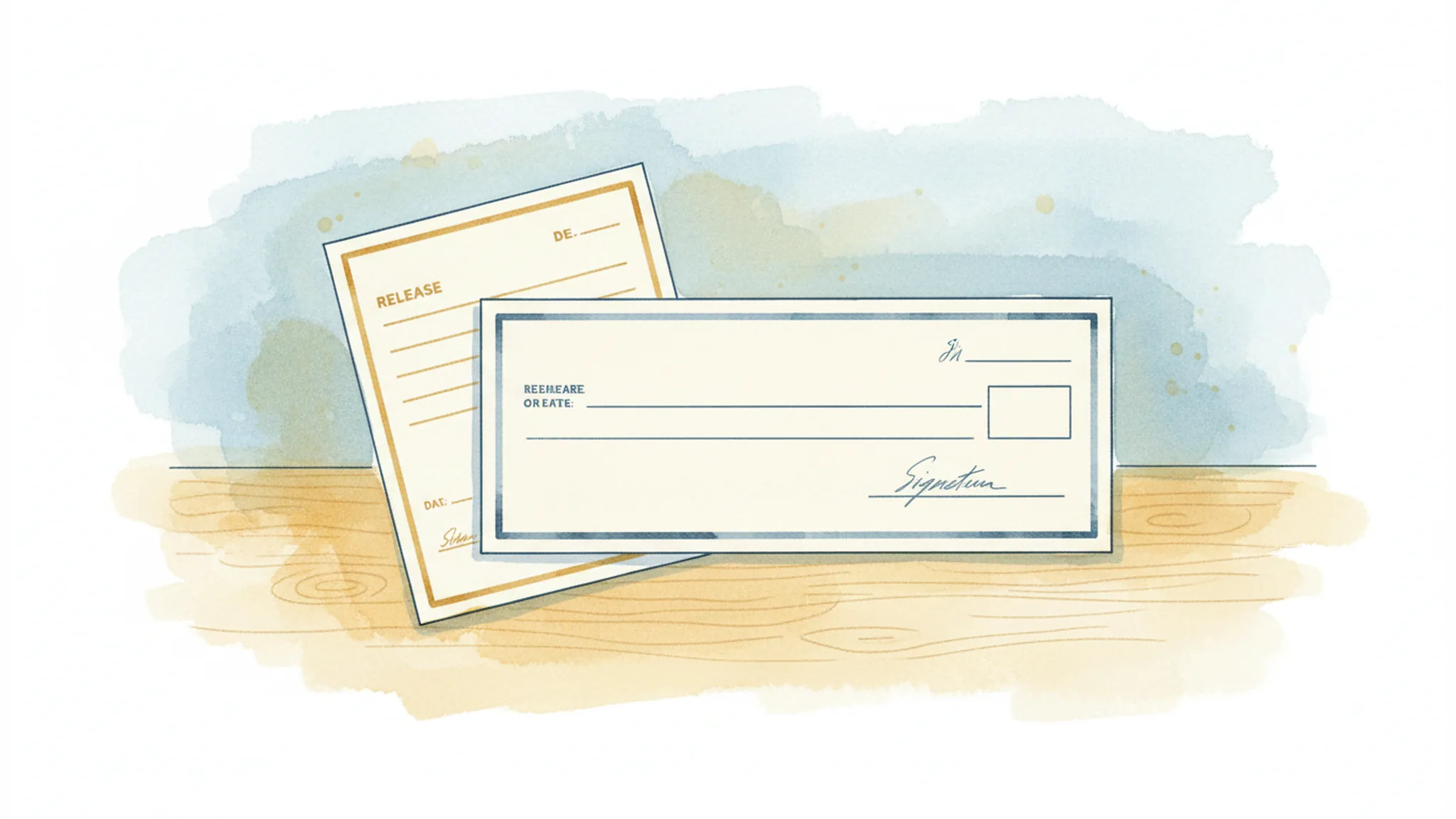 Watercolor illustration of a blank settlement check partly covered by a release form.