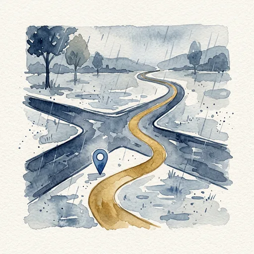 Illustrated rainy intersection marker at the start of an accident claim path.
