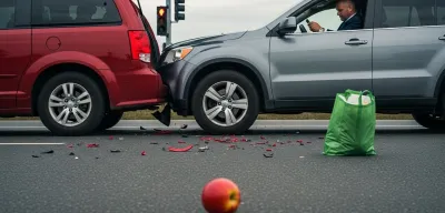 Point-of-view from inside a car after a rear-end collision showing deployed airbag and damaged windshield with emergency vehicles visible