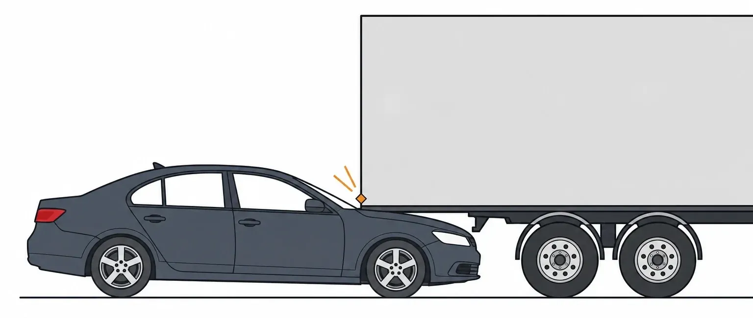 Side-view diagram of a car with its hood beneath a trailer's rear overhang; no rear impact guard is shown.