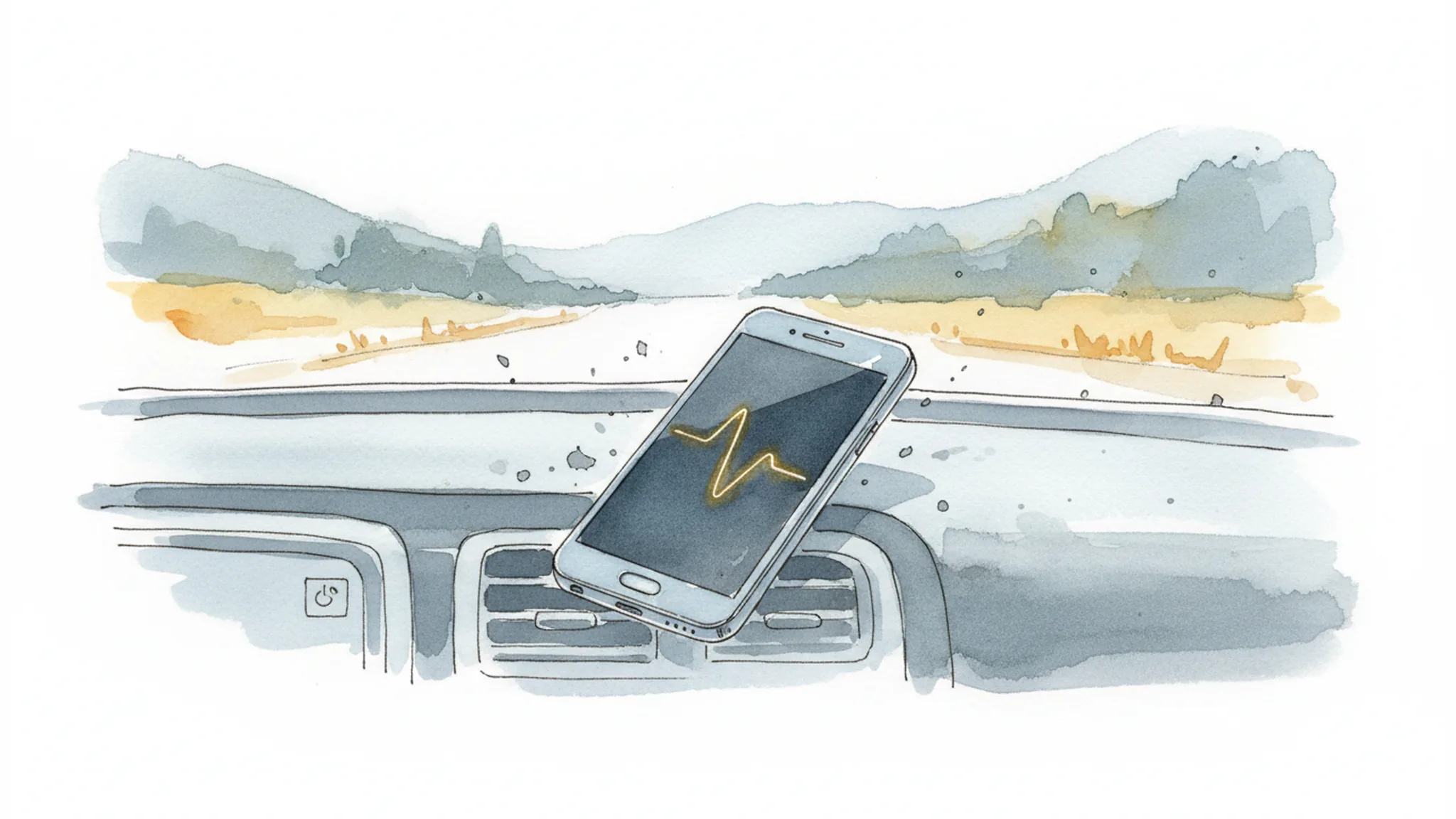 Watercolor illustration of a smartphone on a car dashboard suggesting a recorded insurance statement after a crash.