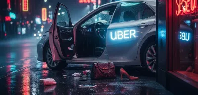 Vehículo dañado con etiqueta de Uber en intersección urbana de Portland