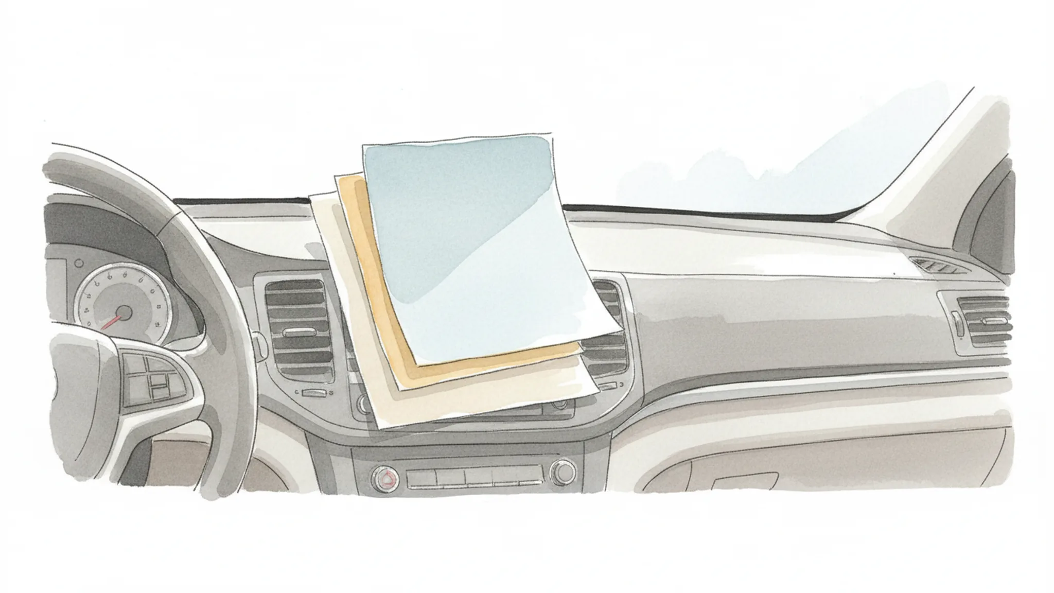 Layered insurance paperwork on a car dashboard representing rideshare driver coverage questions.