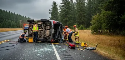 Overturned SUV on rural Oregon highway with emergency responders using specialized equipment with Douglas fir trees in background