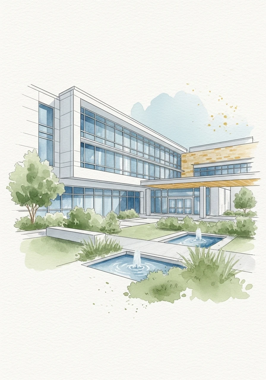 Digital watercolor illustration of medical facility representing Salem healthcare infrastructure and injury documentation