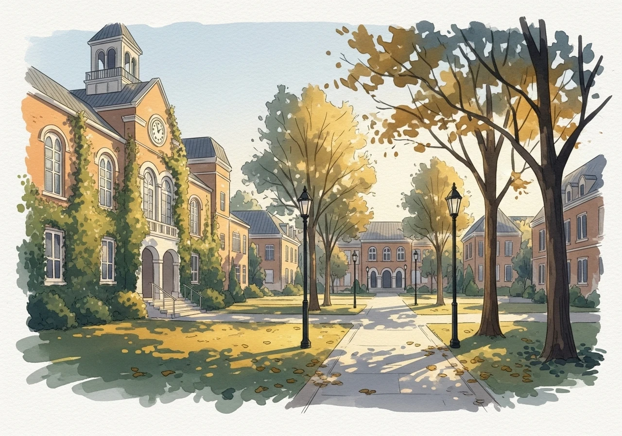 Digital watercolor illustration of university campus representing student accident claims and young driver protection