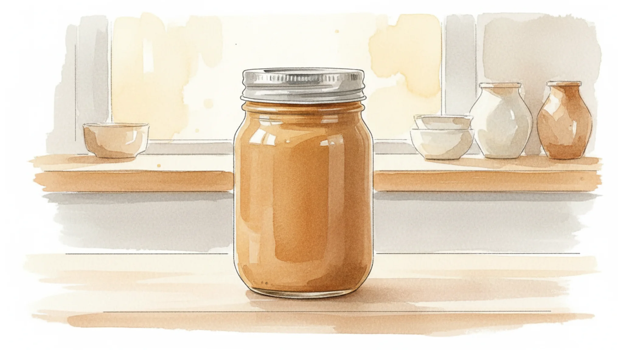 Watercolor illustration of a peanut butter jar sitting on a kitchen counter