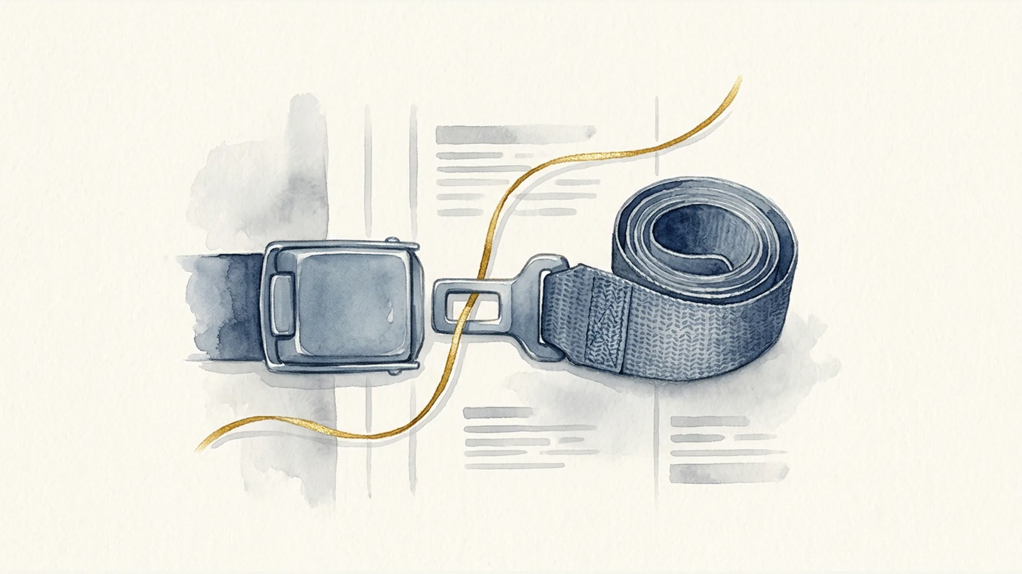 Illustration of a seat belt buckle, latch plate, and webbing preserved for inspection after a suspected restraint-system failure.