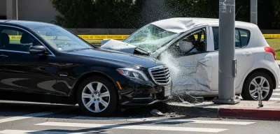 Intersection accident scene showing SUV with severe side damage at Portland intersection with emergency vehicles responding