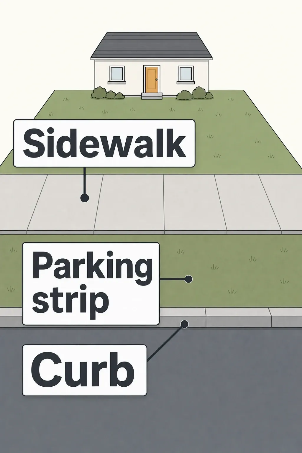 Labeled street-edge illustration identifying the concrete sidewalk, the planted parking strip between sidewalk and curb, and the curb bordering the road.