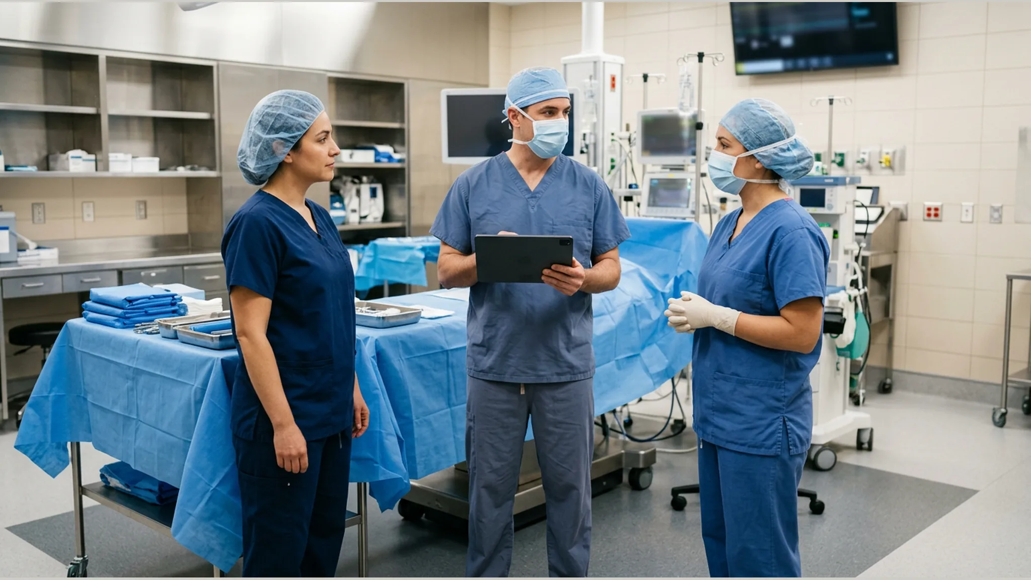 Three surgical professionals pause together for a preprocedure team time-out beside a draped operating table.