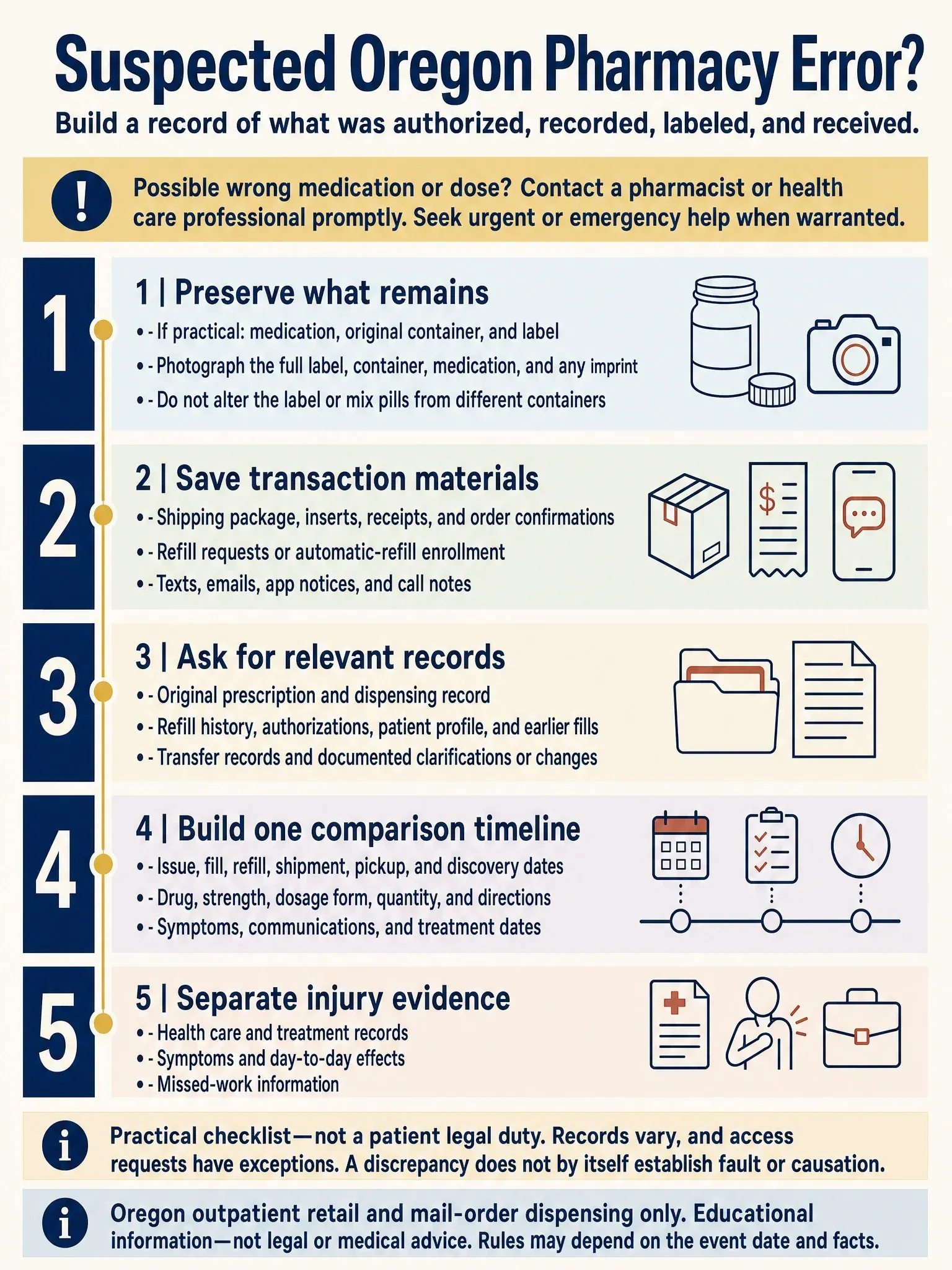 Five-part checklist for organizing records after a suspected Oregon outpatient pharmacy dispensing error, including medication and packaging, transaction materials, pharmacy records, a comparison timeline, injury evidence, and a prompt to seek professional help.
